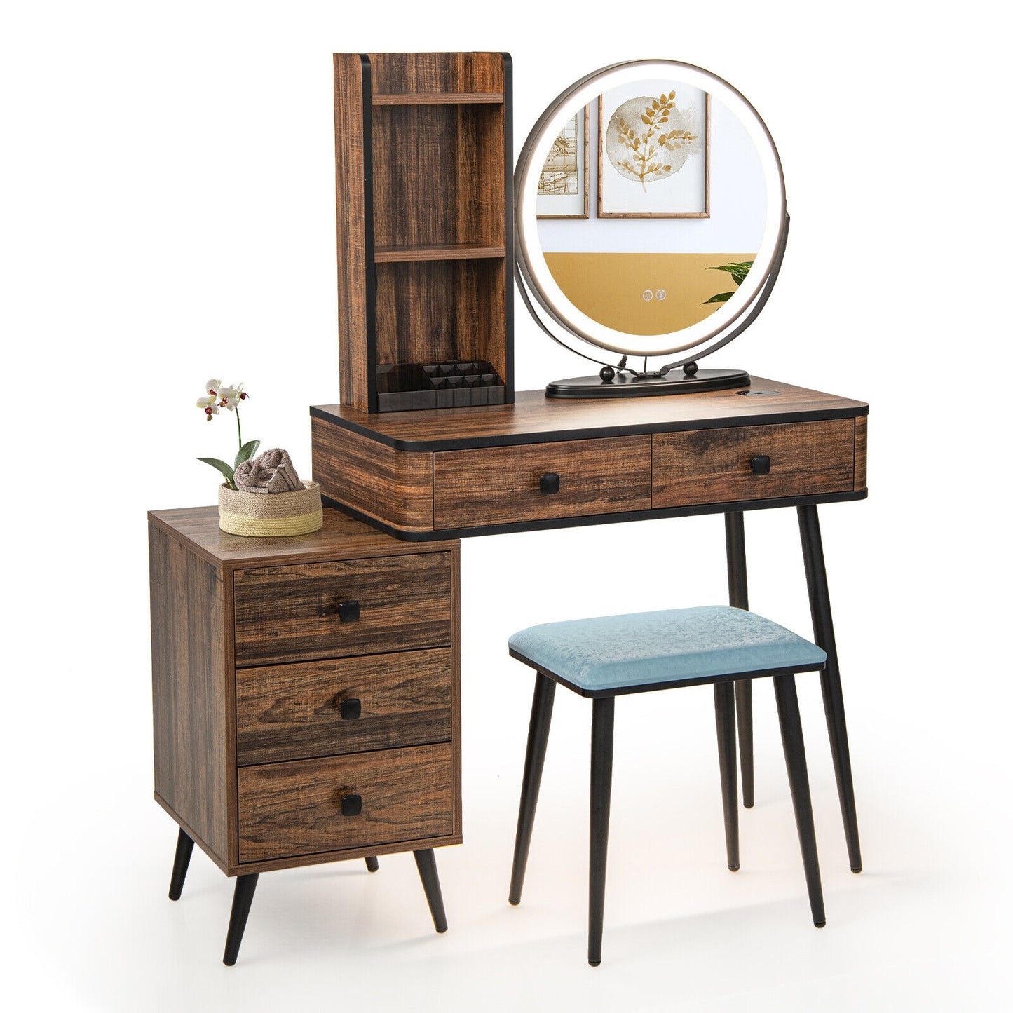 LED Vanity Table Set with 3-Color Mirror, Cushioned Stool and Ample Storage – Rustic Brown