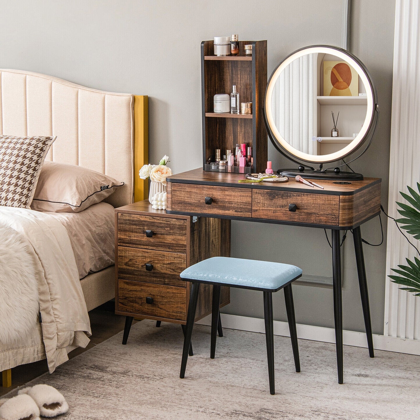 LED Vanity Table Set with 3-Color Mirror, Cushioned Stool and Ample Storage – Rustic Brown