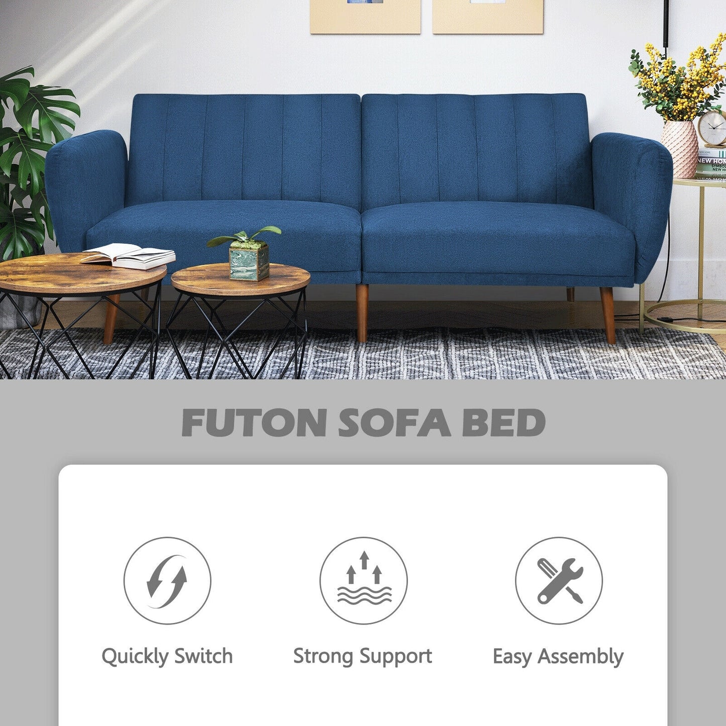 Convertible Futon Sofa Bed with Adjustable Backrest and Solid Wood Legs in Navy