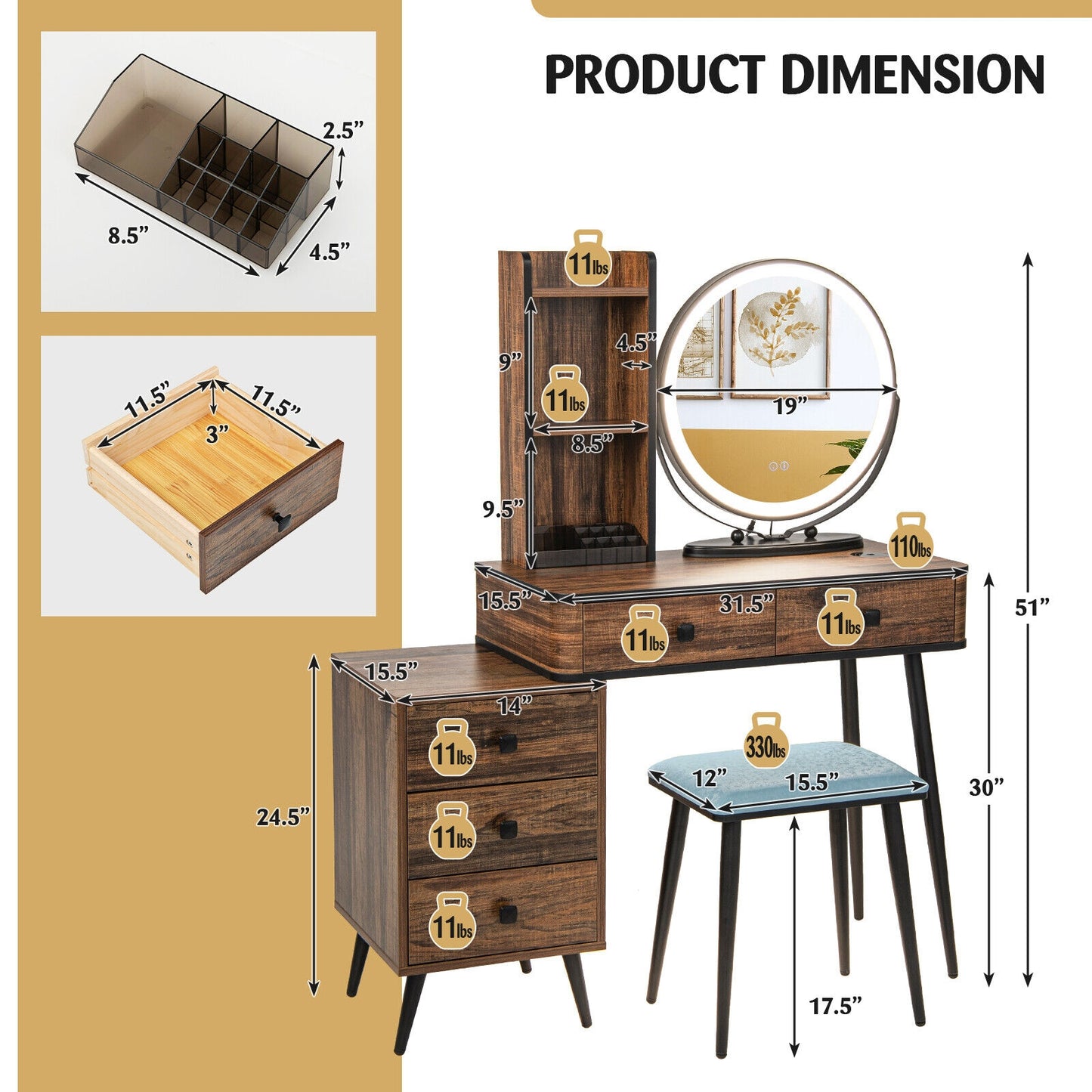LED Vanity Table Set with 3-Color Mirror, Cushioned Stool and Ample Storage – Rustic Brown