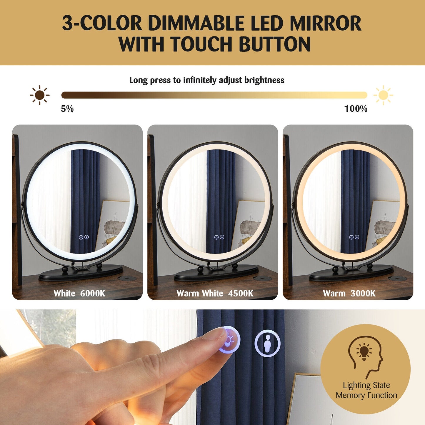LED Vanity Table Set with 3-Color Mirror, Cushioned Stool and Ample Storage – Rustic Brown