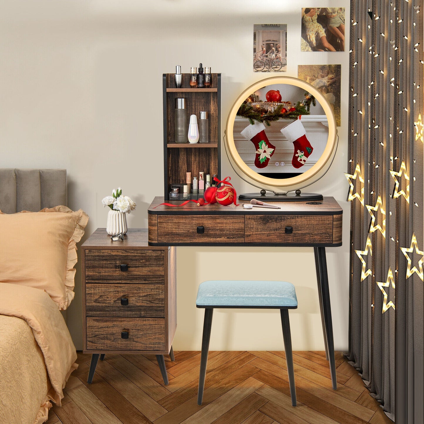 LED Vanity Table Set with 3-Color Mirror, Cushioned Stool and Ample Storage – Rustic Brown