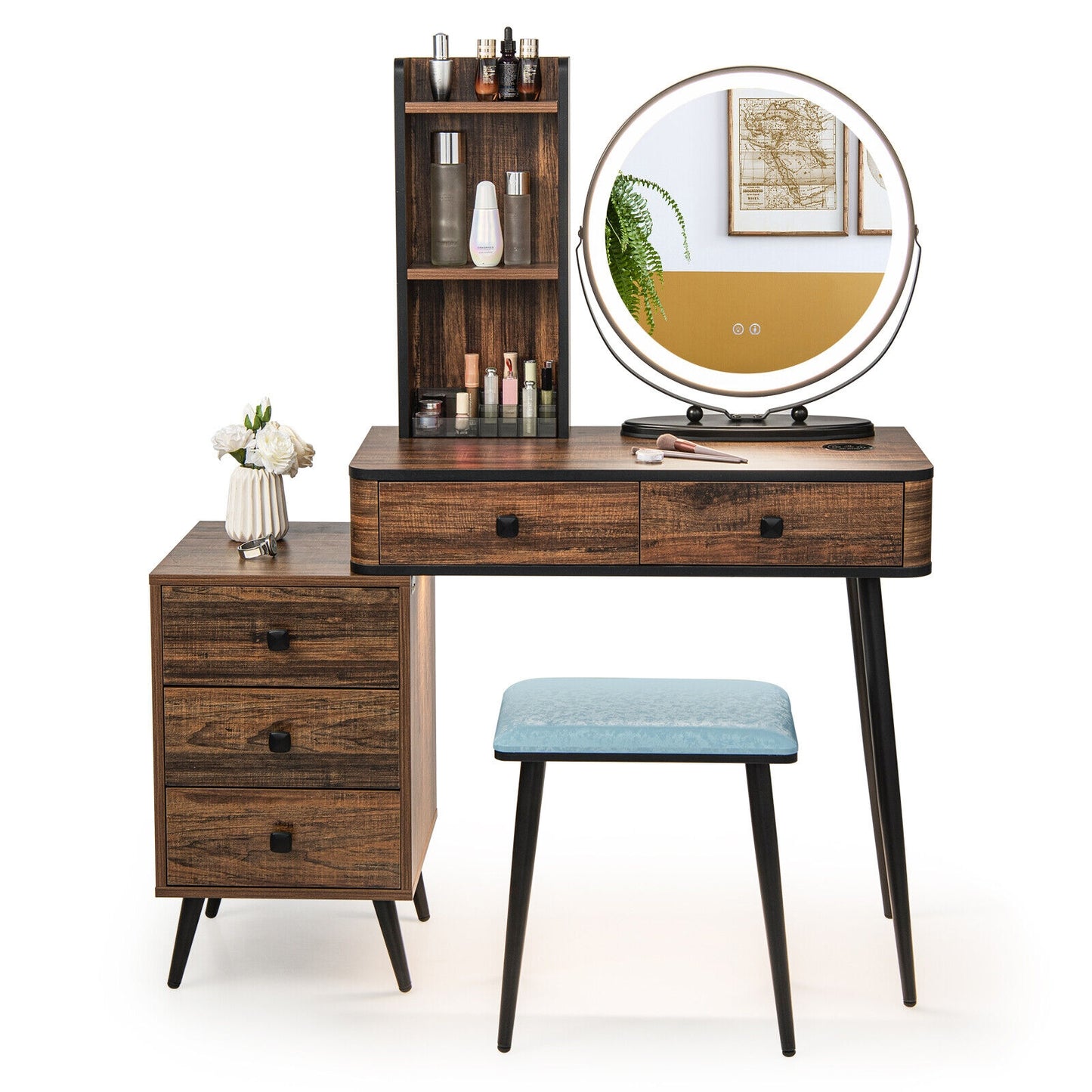 LED Vanity Table Set with 3-Color Mirror, Cushioned Stool and Ample Storage – Rustic Brown
