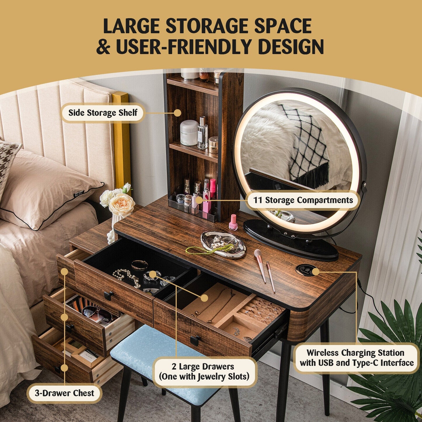 LED Vanity Table Set with 3-Color Mirror, Cushioned Stool and Ample Storage – Rustic Brown