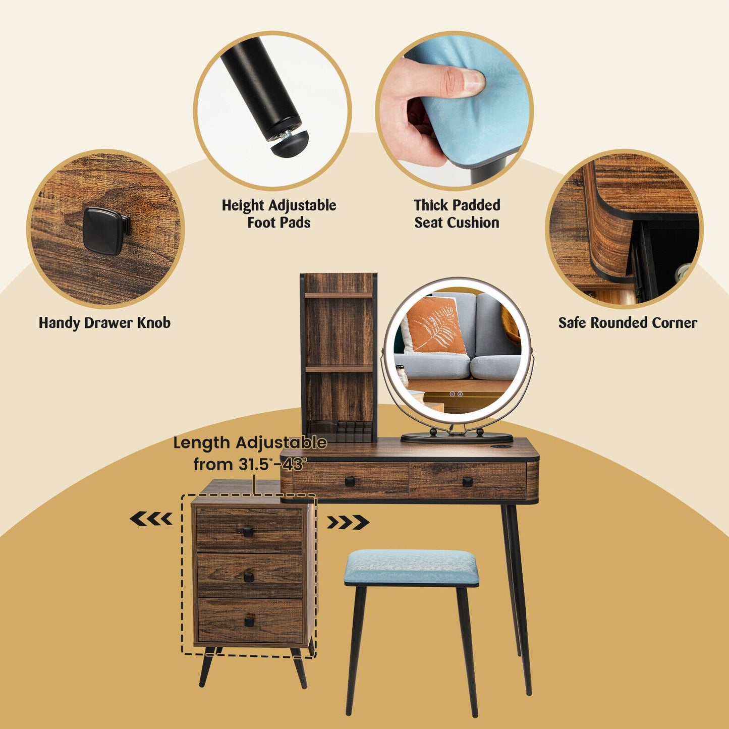 LED Vanity Table Set with 3-Color Mirror, Cushioned Stool and Ample Storage – Rustic Brown