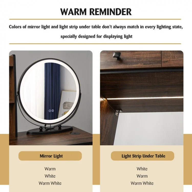 LED Vanity Table Set with 3-Color Mirror, Cushioned Stool and Ample Storage – Rustic Brown