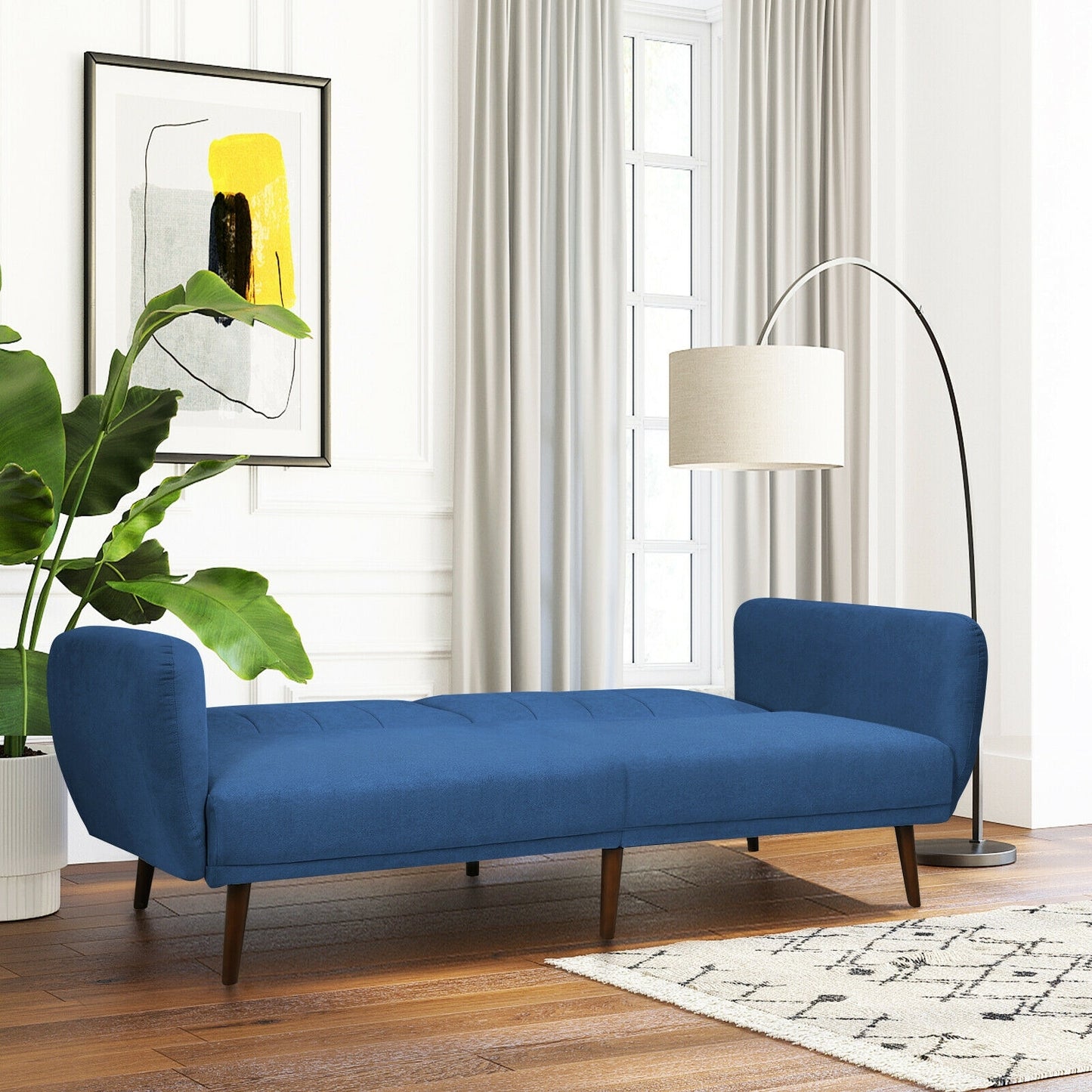 Convertible Futon Sofa Bed with Adjustable Backrest and Solid Wood Legs in Navy