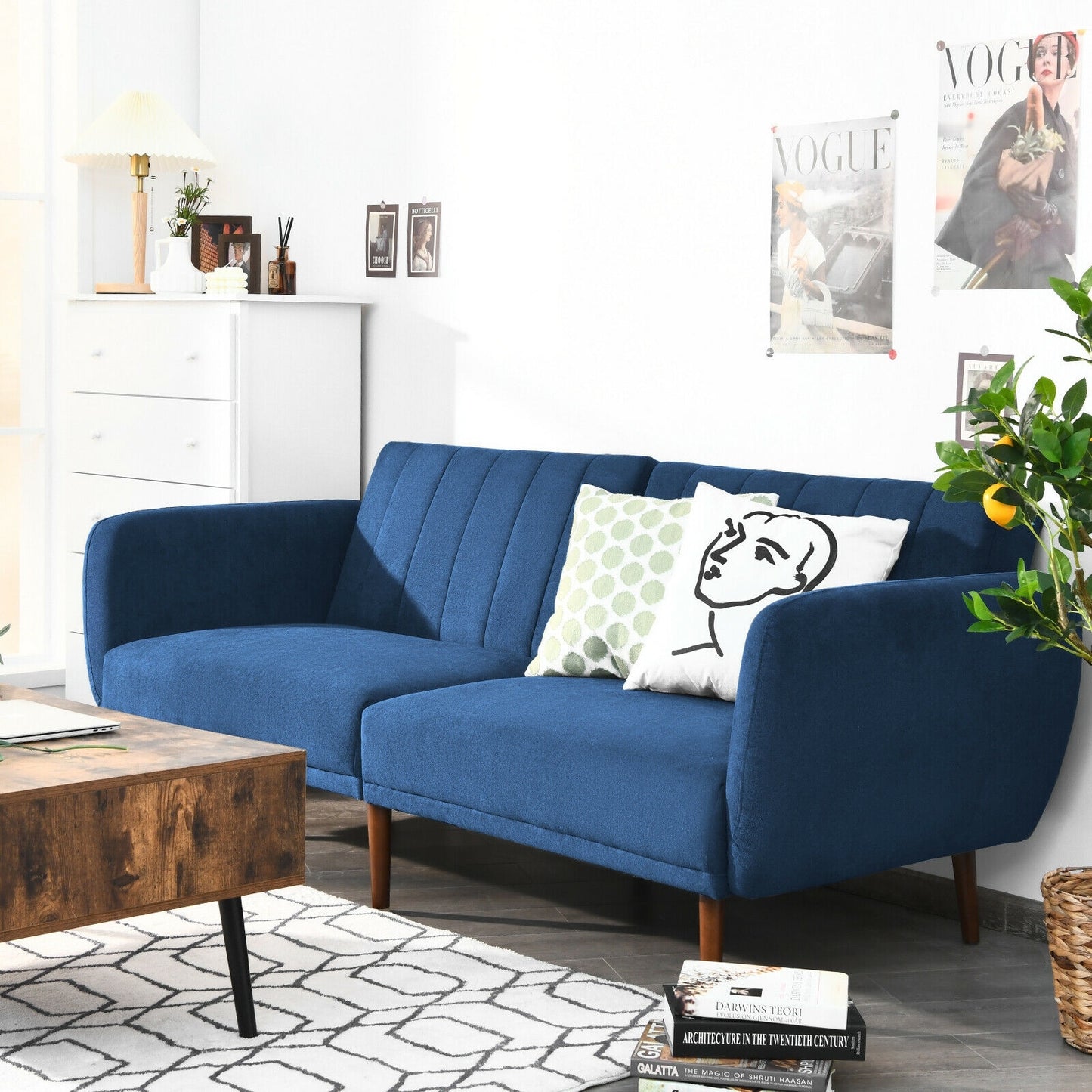 Convertible Futon Sofa Bed with Adjustable Backrest and Solid Wood Legs in Navy