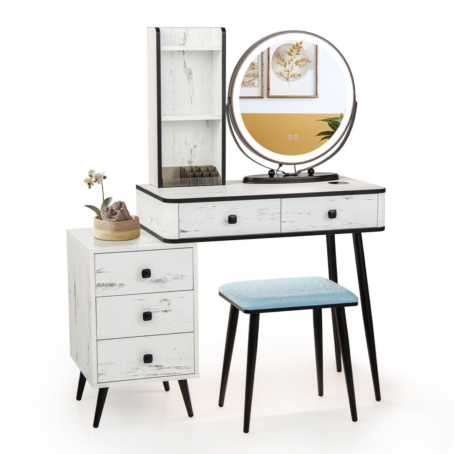 LED Vanity Table Set with 3-Color Mirror, Cushioned Stool and Ample Storage – White