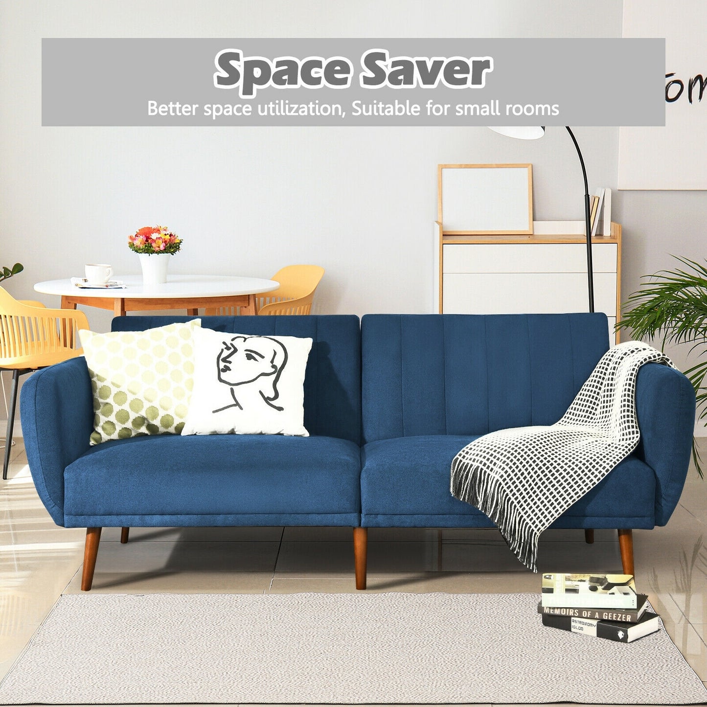 Convertible Futon Sofa Bed with Adjustable Backrest and Solid Wood Legs in Navy