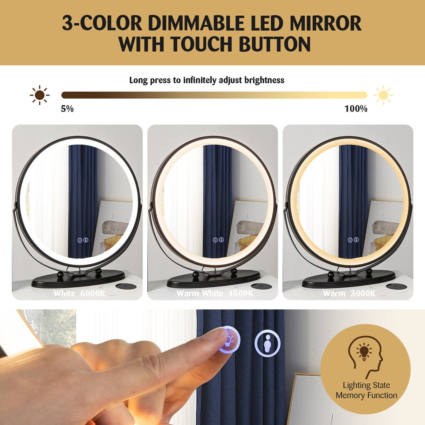 LED Vanity Table Set with 3-Color Mirror, Cushioned Stool and Ample Storage – White