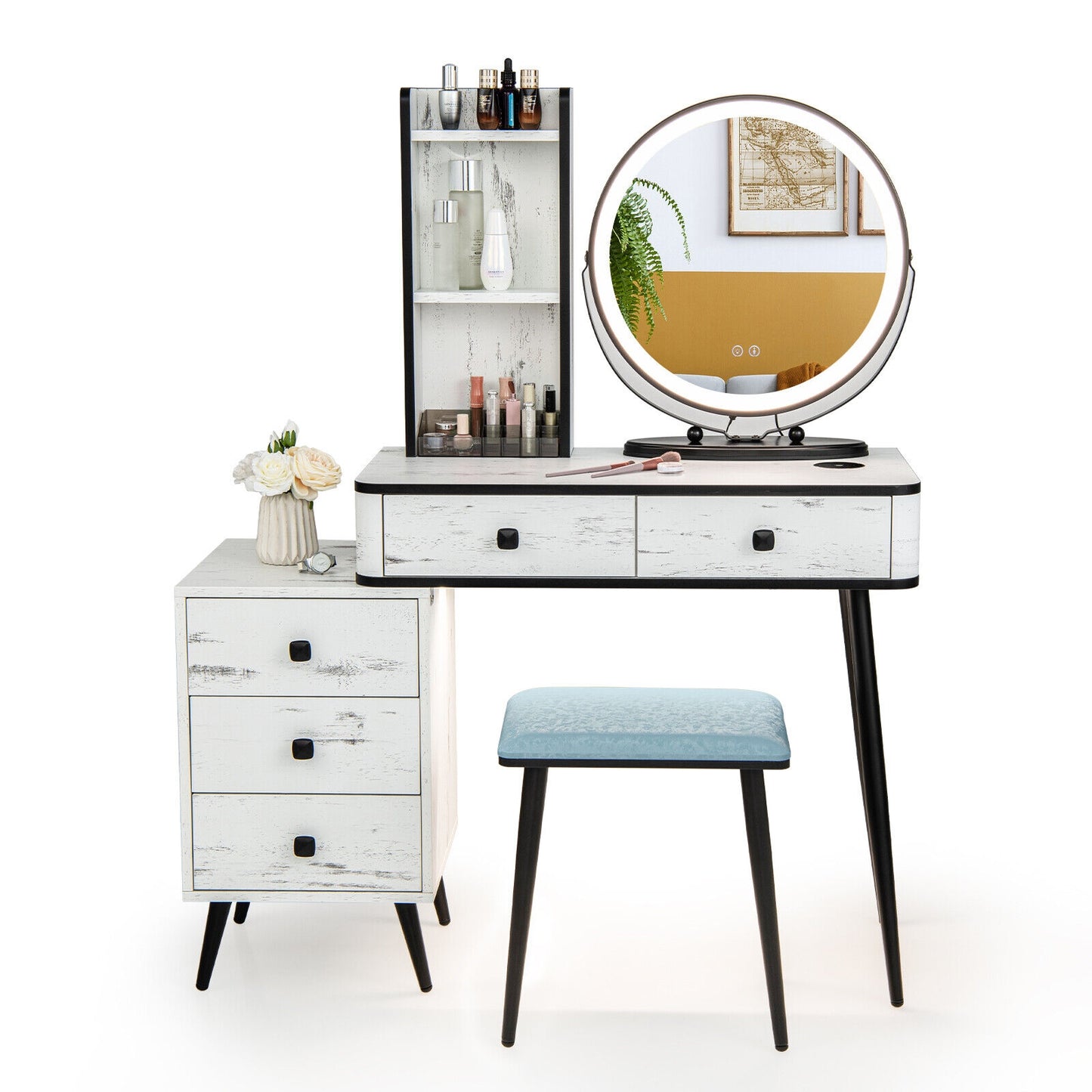 LED Vanity Table Set with 3-Color Mirror, Cushioned Stool and Ample Storage – White