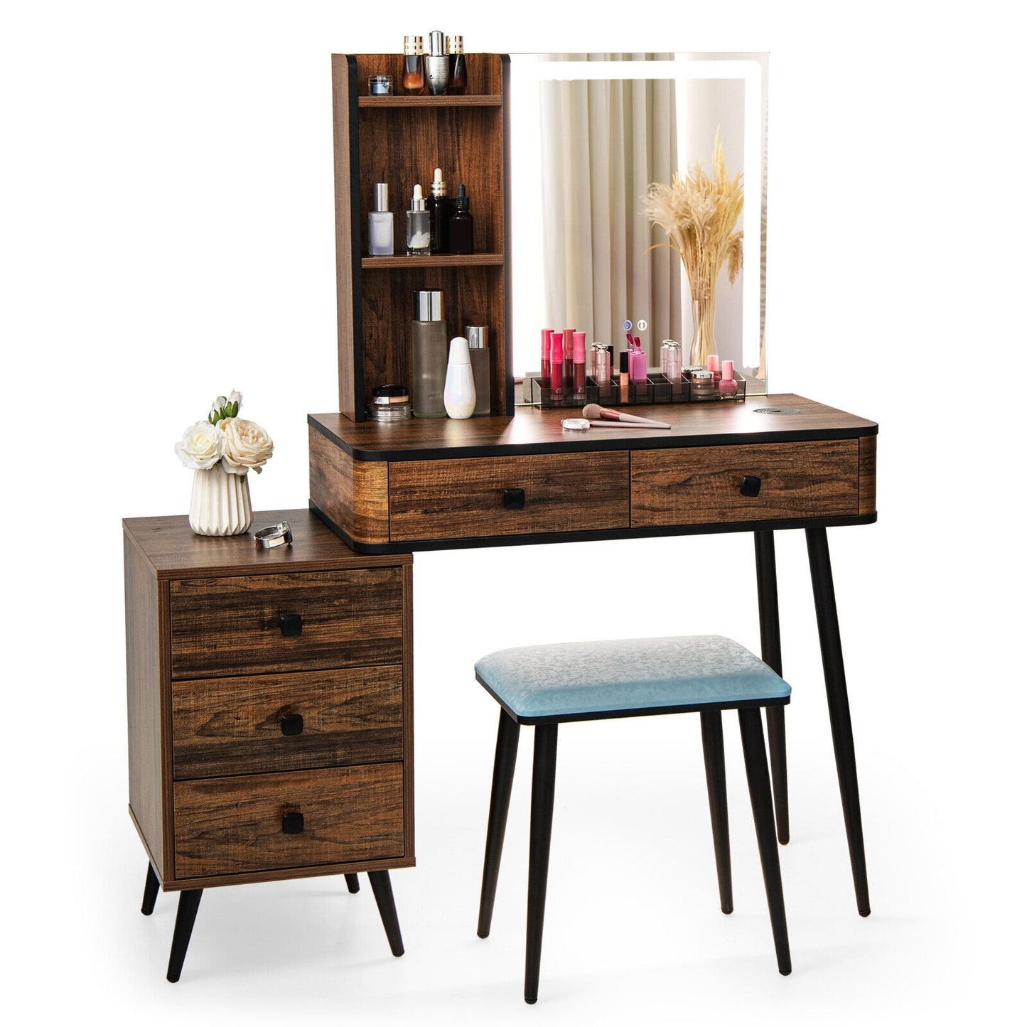 Modern Vanity Makeup Table Set with LED Lighted Mirror, Storage Drawers, and Stool – Brown