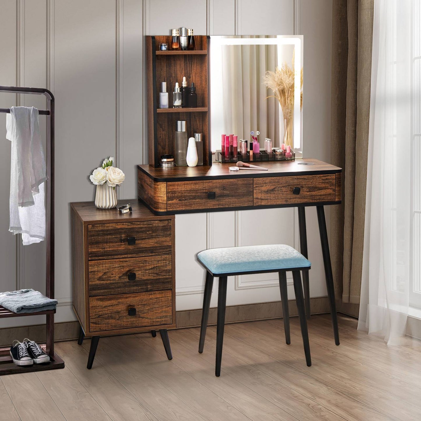 Modern Vanity Makeup Table Set with LED Lighted Mirror, Storage Drawers, and Stool – Brown