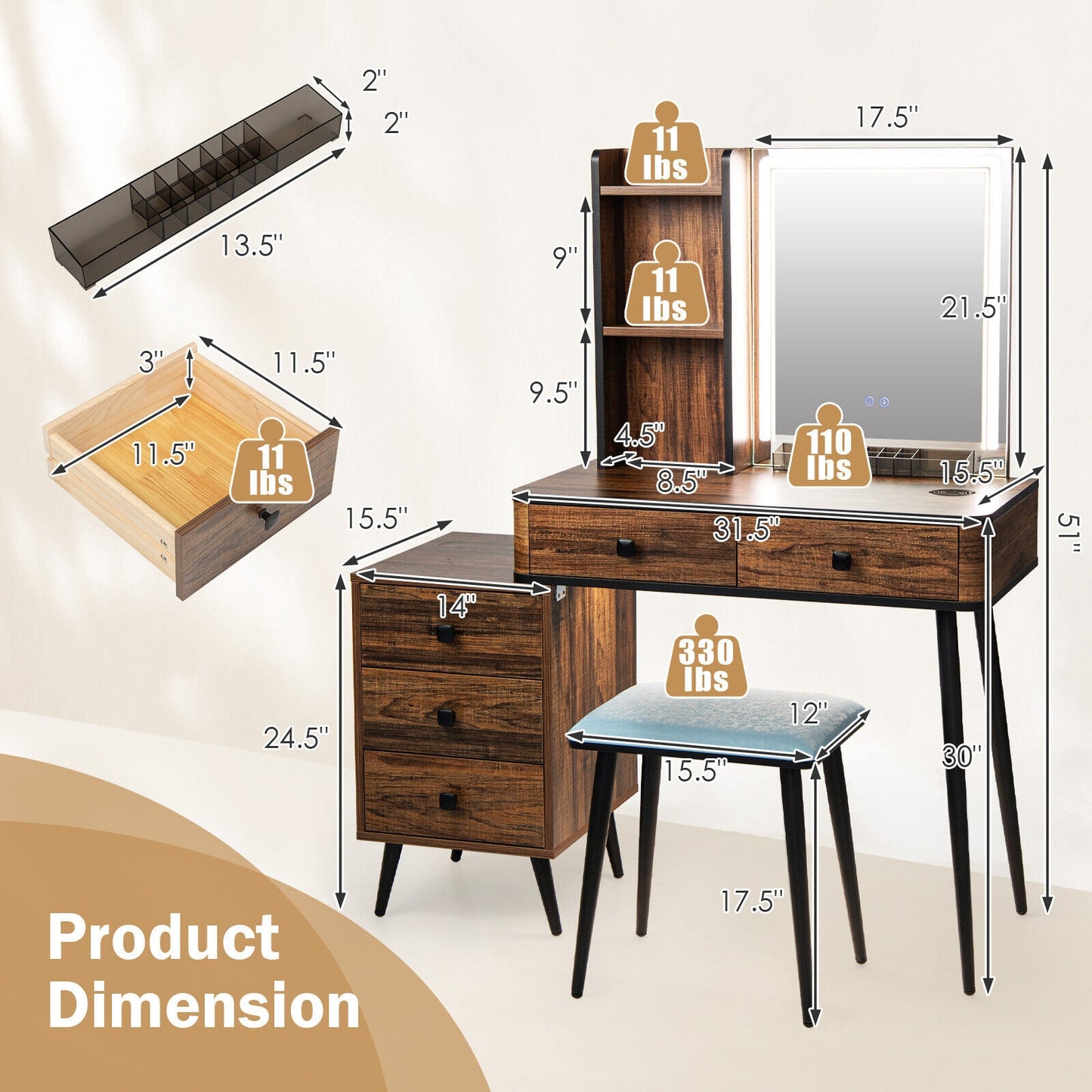 Modern Vanity Makeup Table Set with LED Lighted Mirror, Storage Drawers, and Stool – Brown