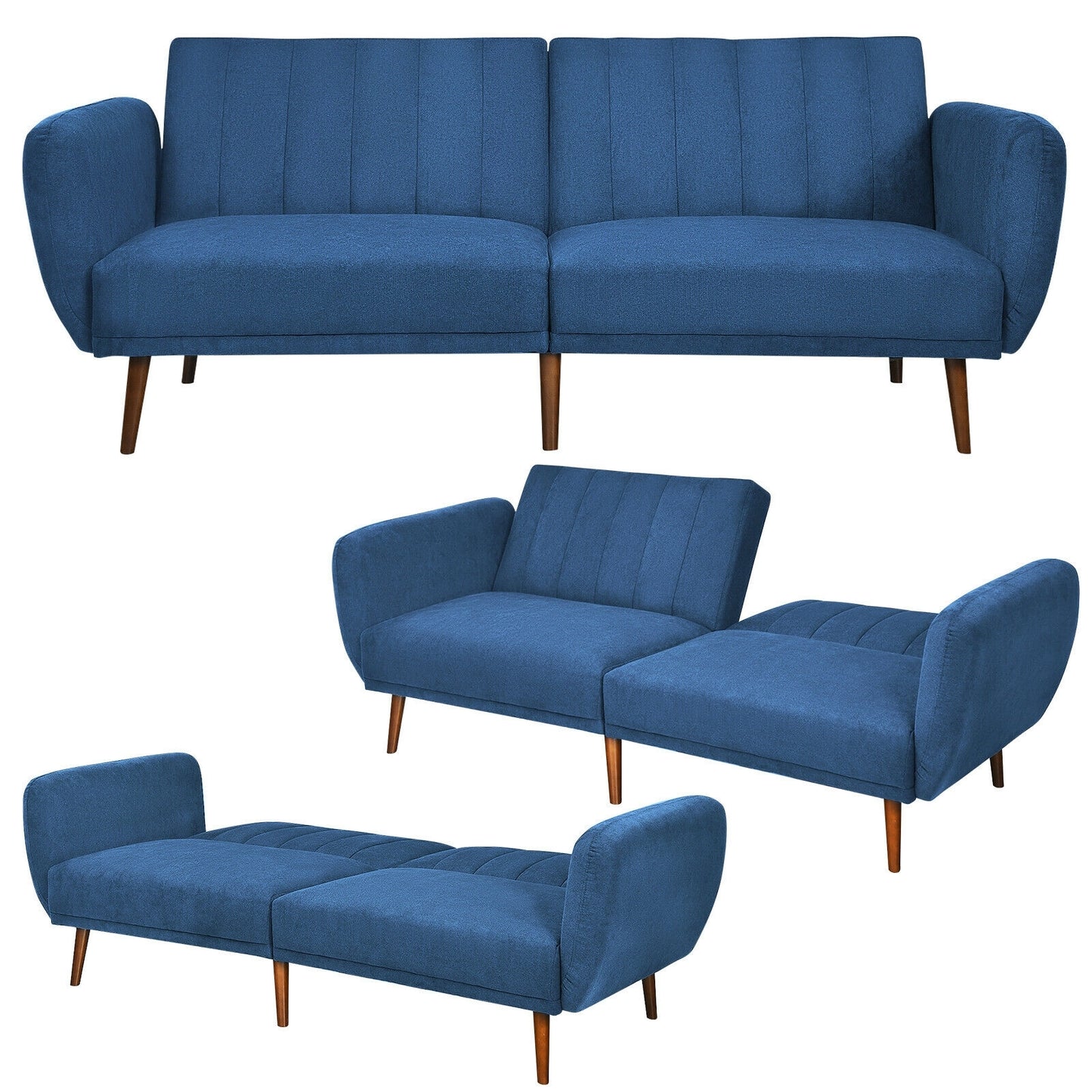 Convertible Futon Sofa Bed with Adjustable Backrest and Solid Wood Legs in Navy