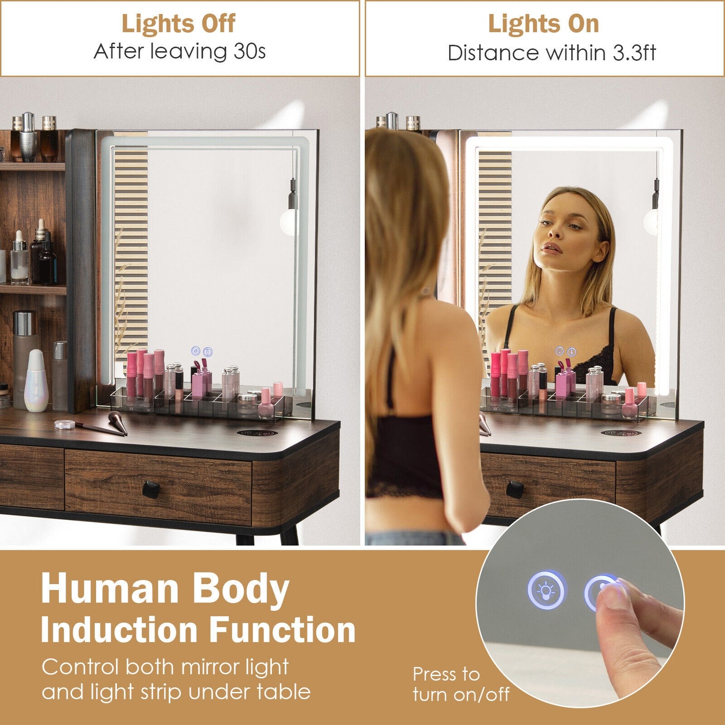 Modern Vanity Makeup Table Set with LED Lighted Mirror, Storage Drawers, and Stool – Brown