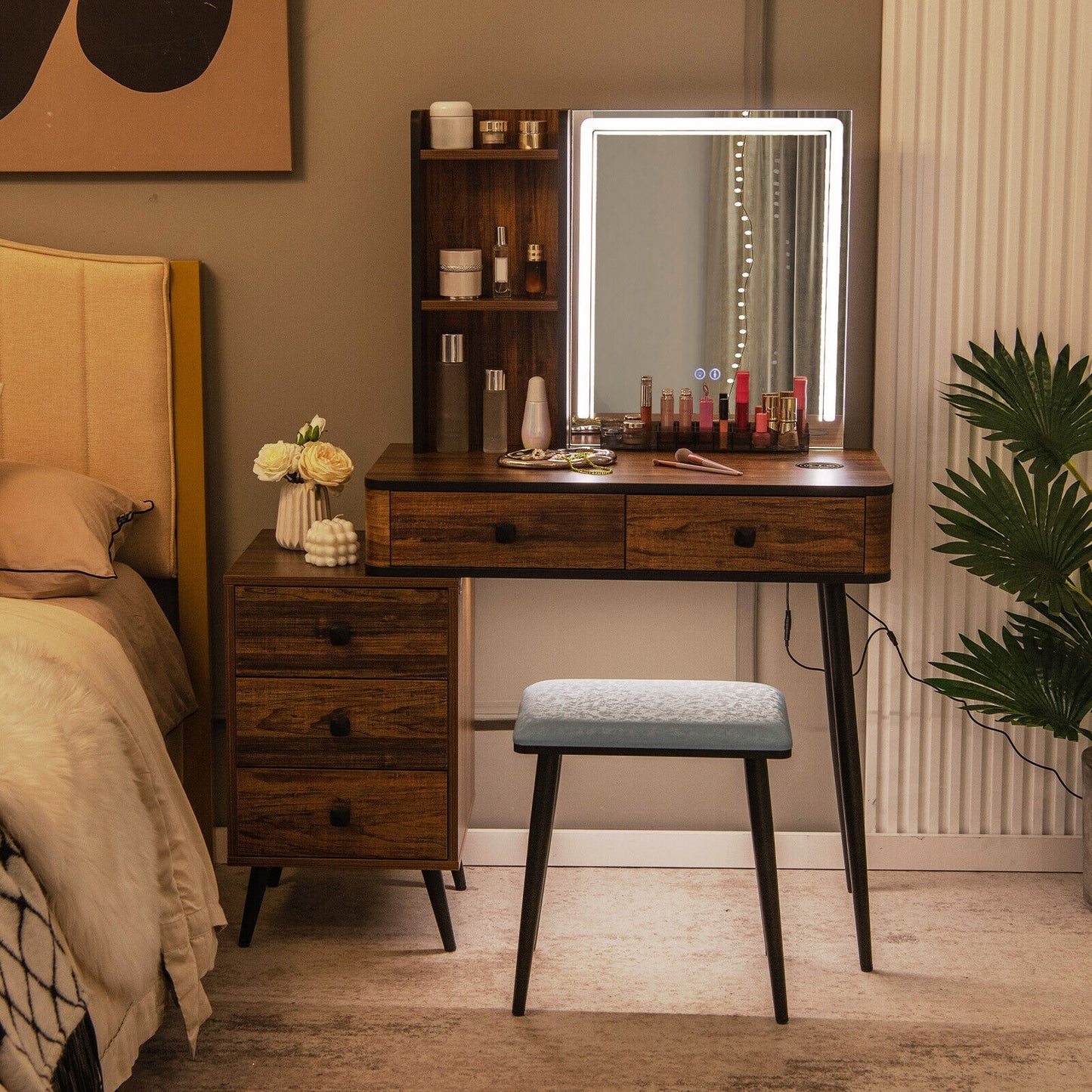 Modern Vanity Makeup Table Set with LED Lighted Mirror, Storage Drawers, and Stool – Brown