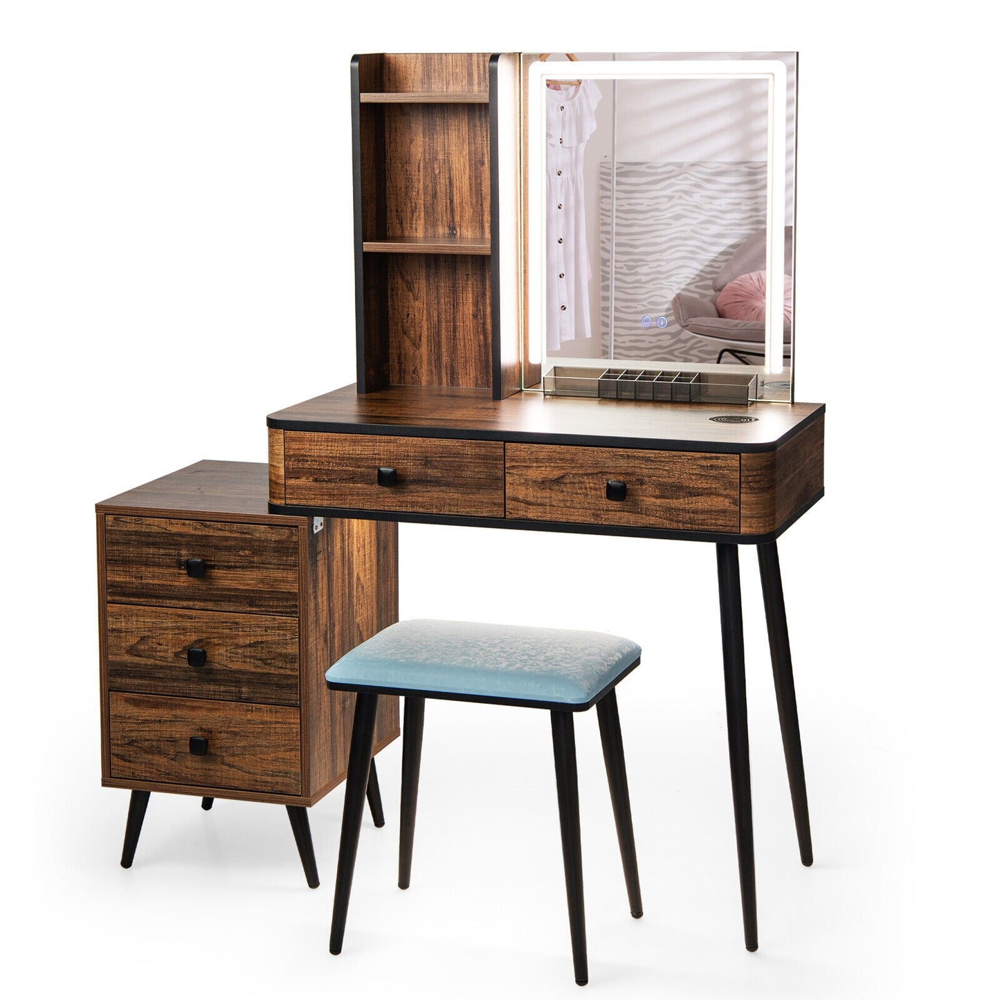 Modern Vanity Makeup Table Set with LED Lighted Mirror, Storage Drawers, and Stool – Brown