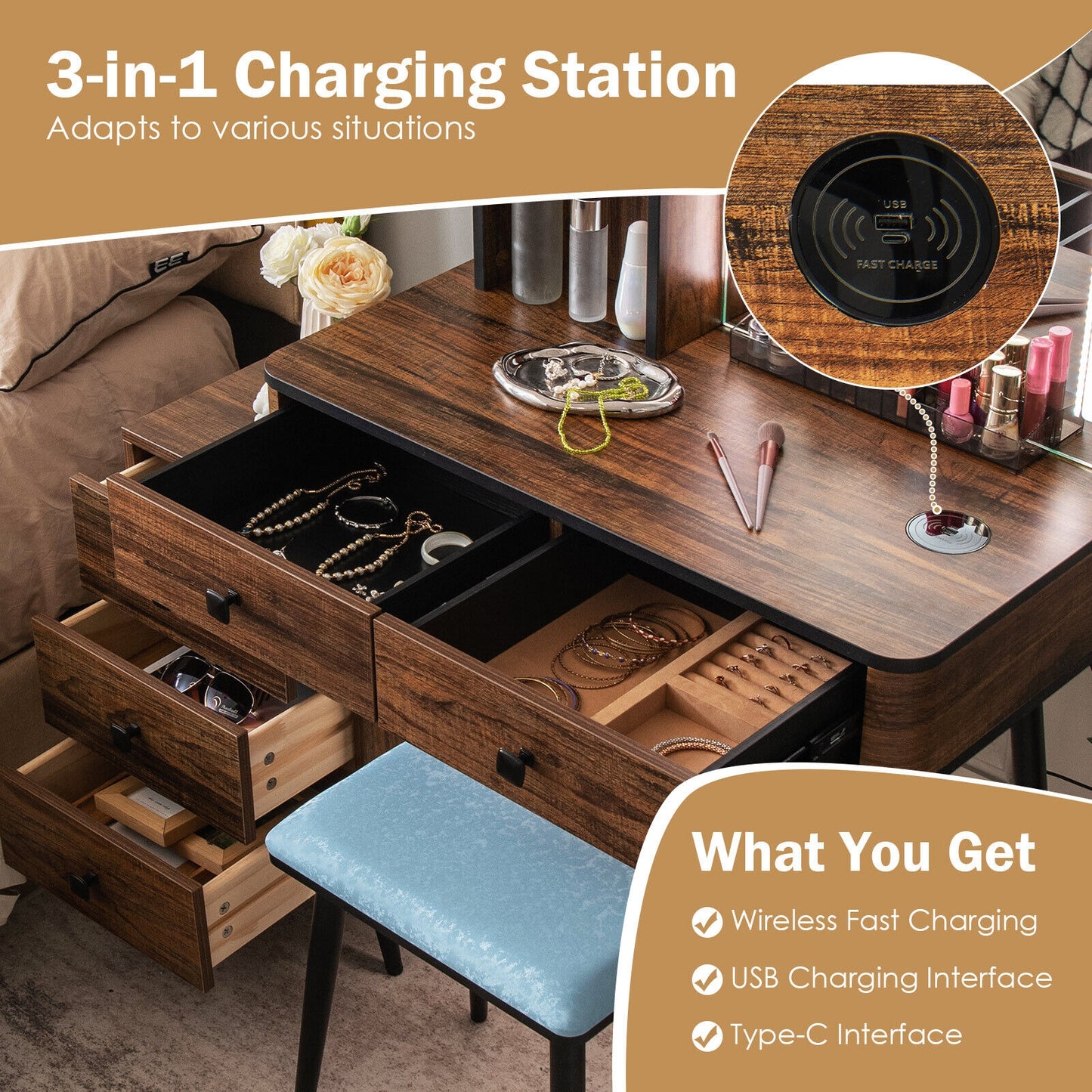 Modern Vanity Makeup Table Set with LED Lighted Mirror, Storage Drawers, and Stool – Brown