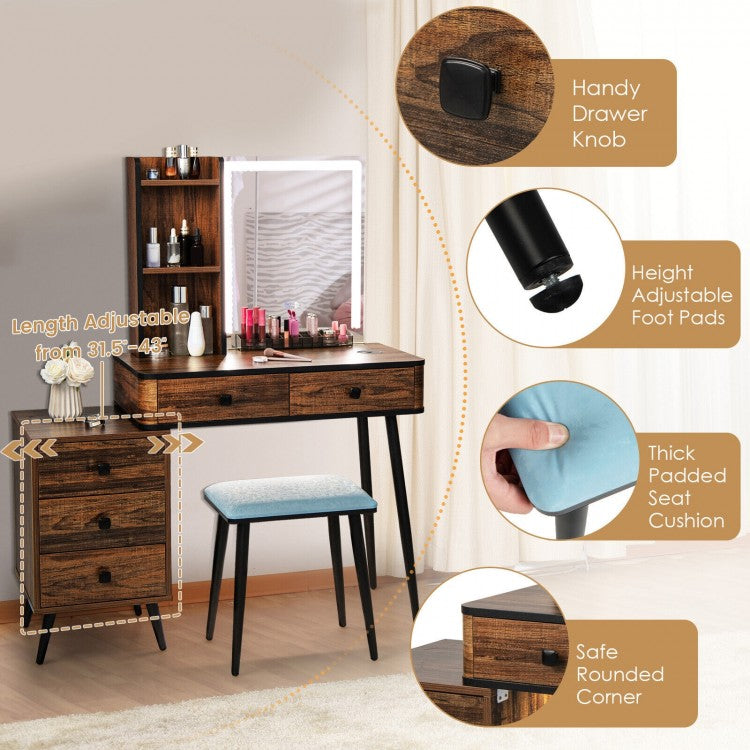 Modern Vanity Makeup Table Set with LED Lighted Mirror, Storage Drawers, and Stool – Brown