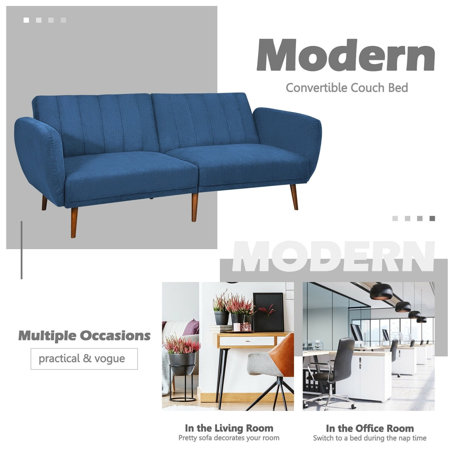 Convertible Futon Sofa Bed with Adjustable Backrest and Solid Wood Legs in Navy