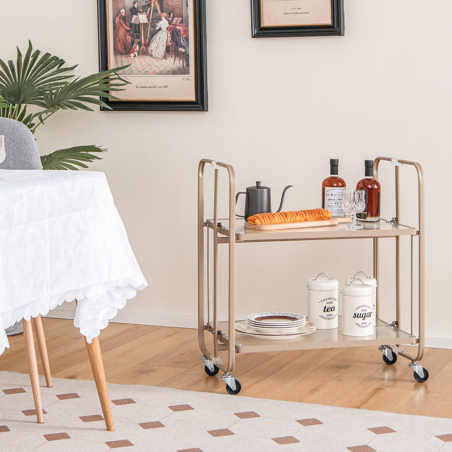 Foldable 2 Tier Bar and Serving Cart with Tempered Glass Shelves and Wheels for Kitchen or Dining Room
