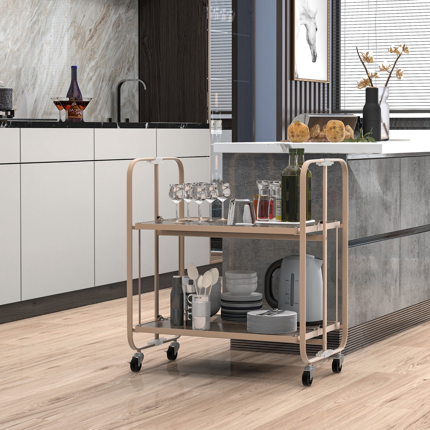 Foldable 2 Tier Bar and Serving Cart with Tempered Glass Shelves and Wheels for Kitchen or Dining Room