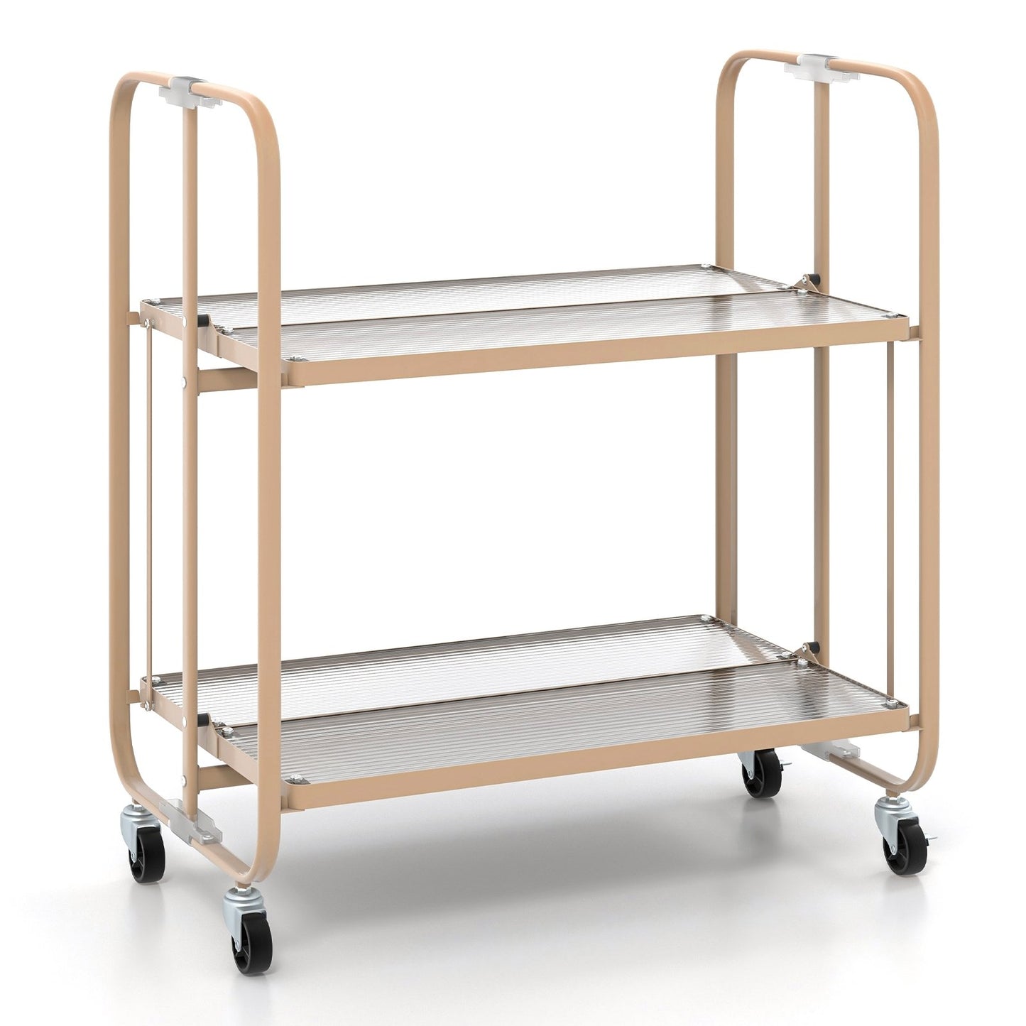 Foldable 2 Tier Bar and Serving Cart with Tempered Glass Shelves and Wheels for Kitchen or Dining Room