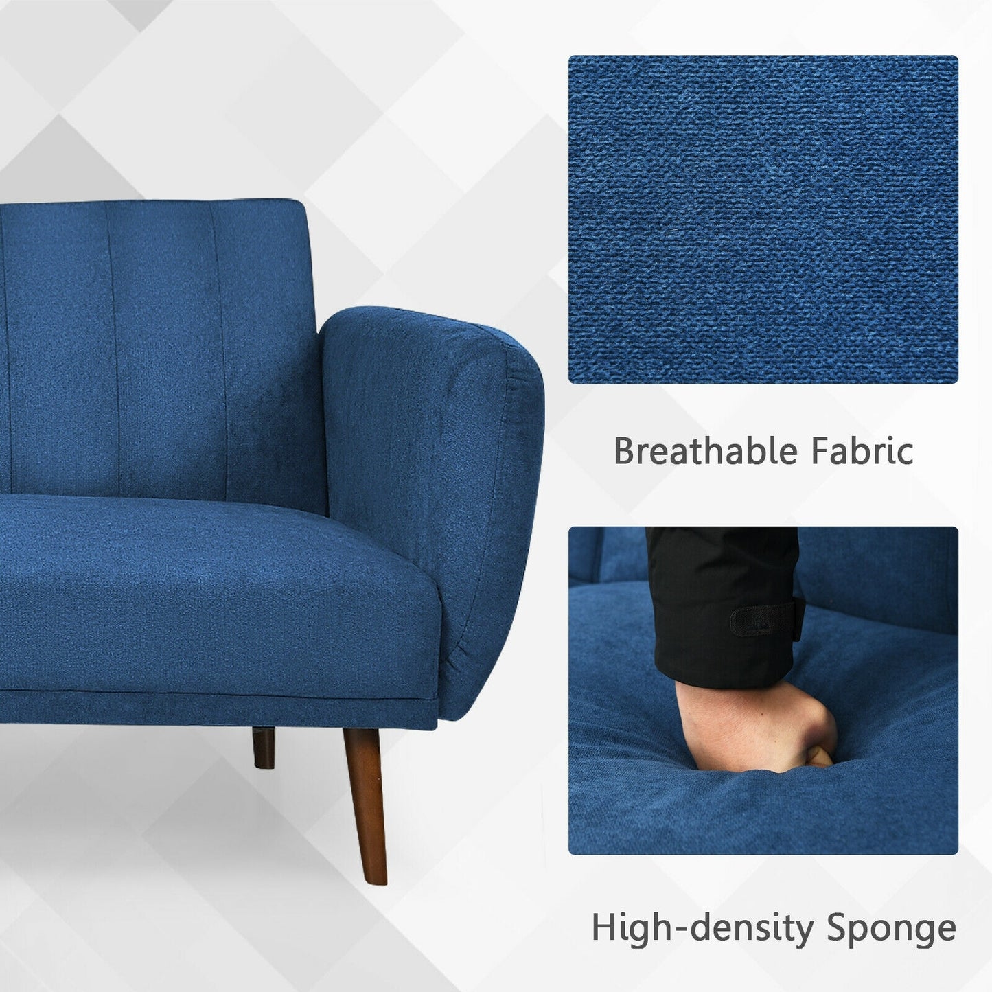 Convertible Futon Sofa Bed with Adjustable Backrest and Solid Wood Legs in Navy
