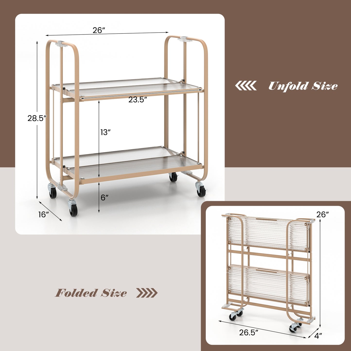 Foldable 2 Tier Bar and Serving Cart with Tempered Glass Shelves and Wheels for Kitchen or Dining Room