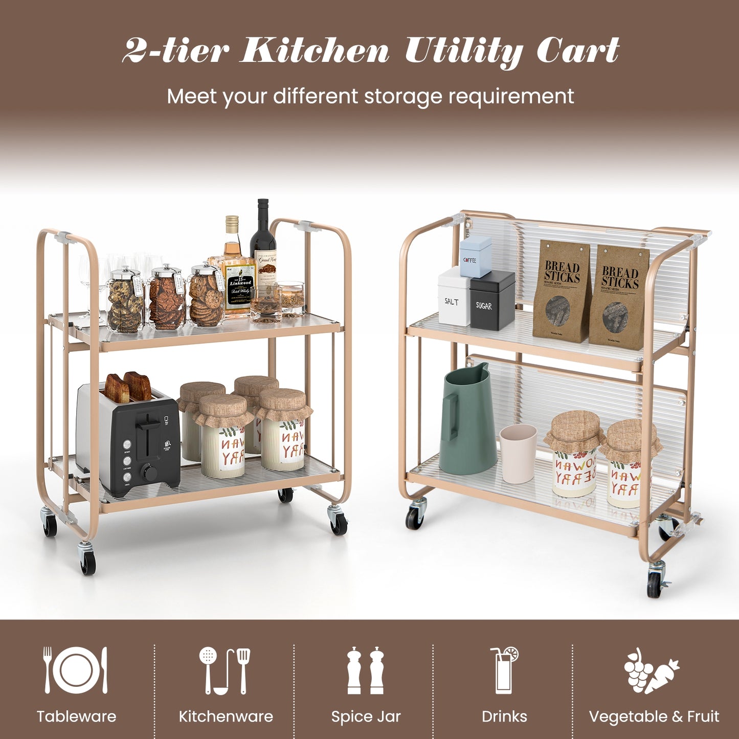 Foldable 2 Tier Bar and Serving Cart with Tempered Glass Shelves and Wheels for Kitchen or Dining Room