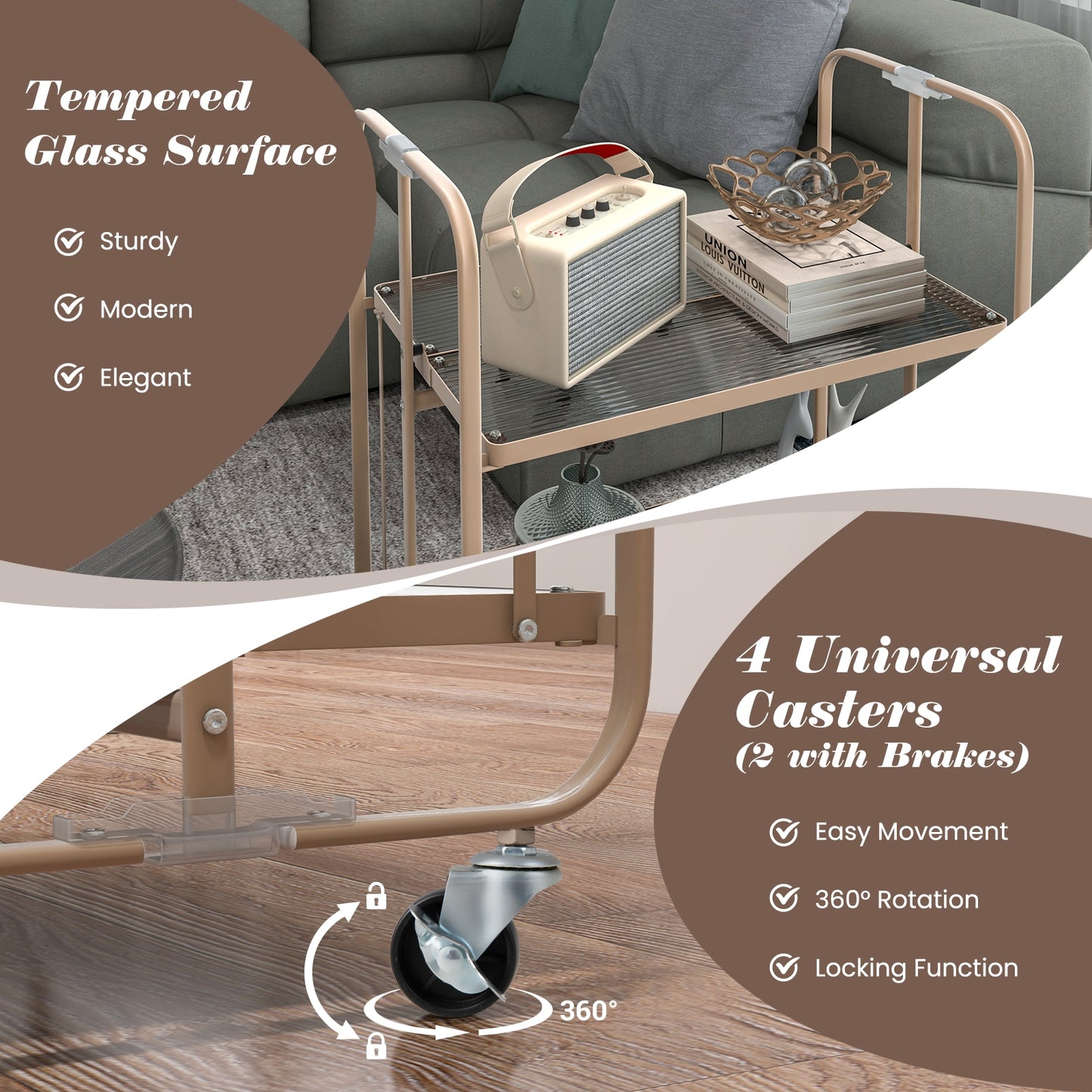 Foldable 2 Tier Bar and Serving Cart with Tempered Glass Shelves and Wheels for Kitchen or Dining Room