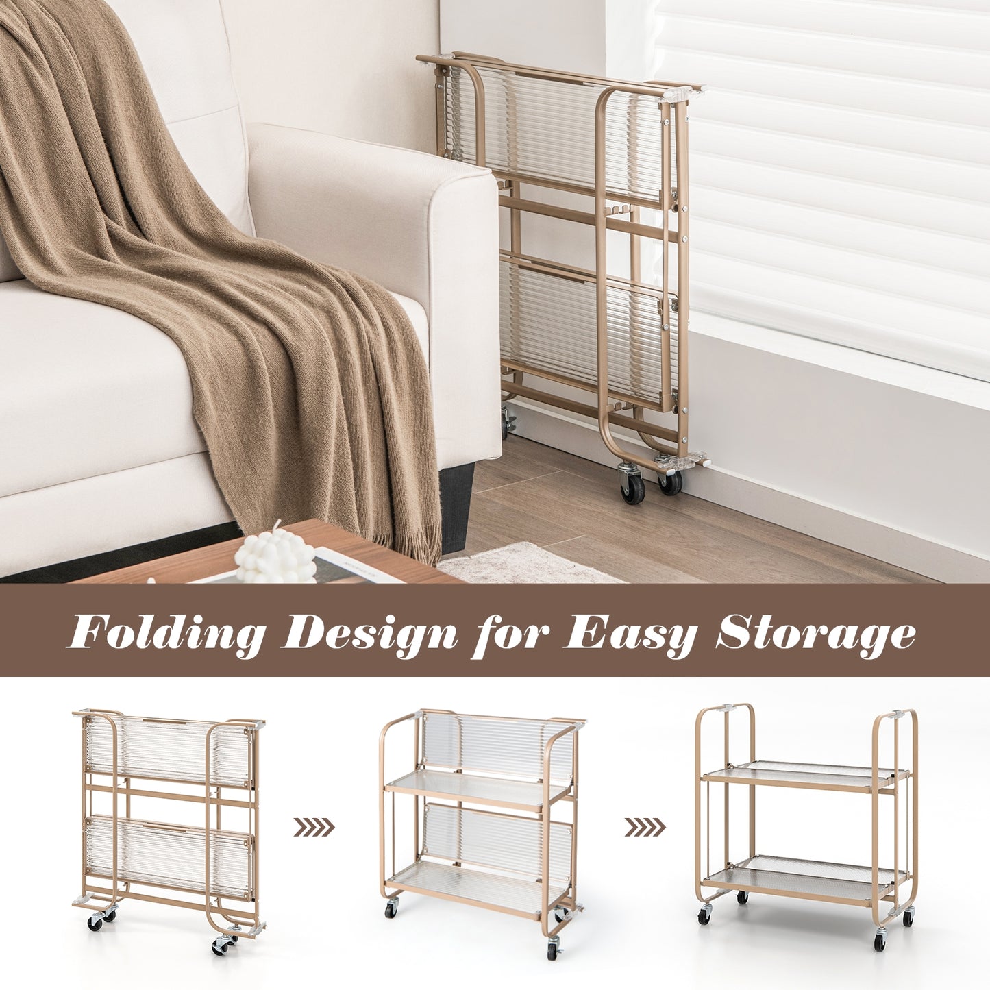 Foldable 2 Tier Bar and Serving Cart with Tempered Glass Shelves and Wheels for Kitchen or Dining Room
