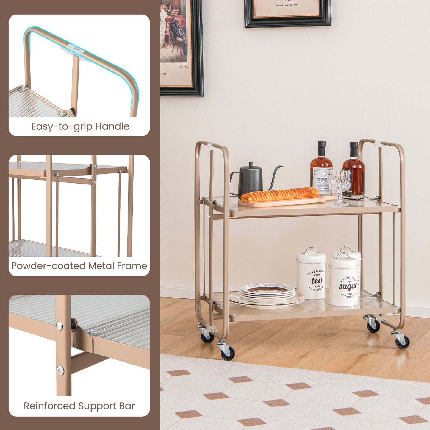 Foldable 2 Tier Bar and Serving Cart with Tempered Glass Shelves and Wheels for Kitchen or Dining Room