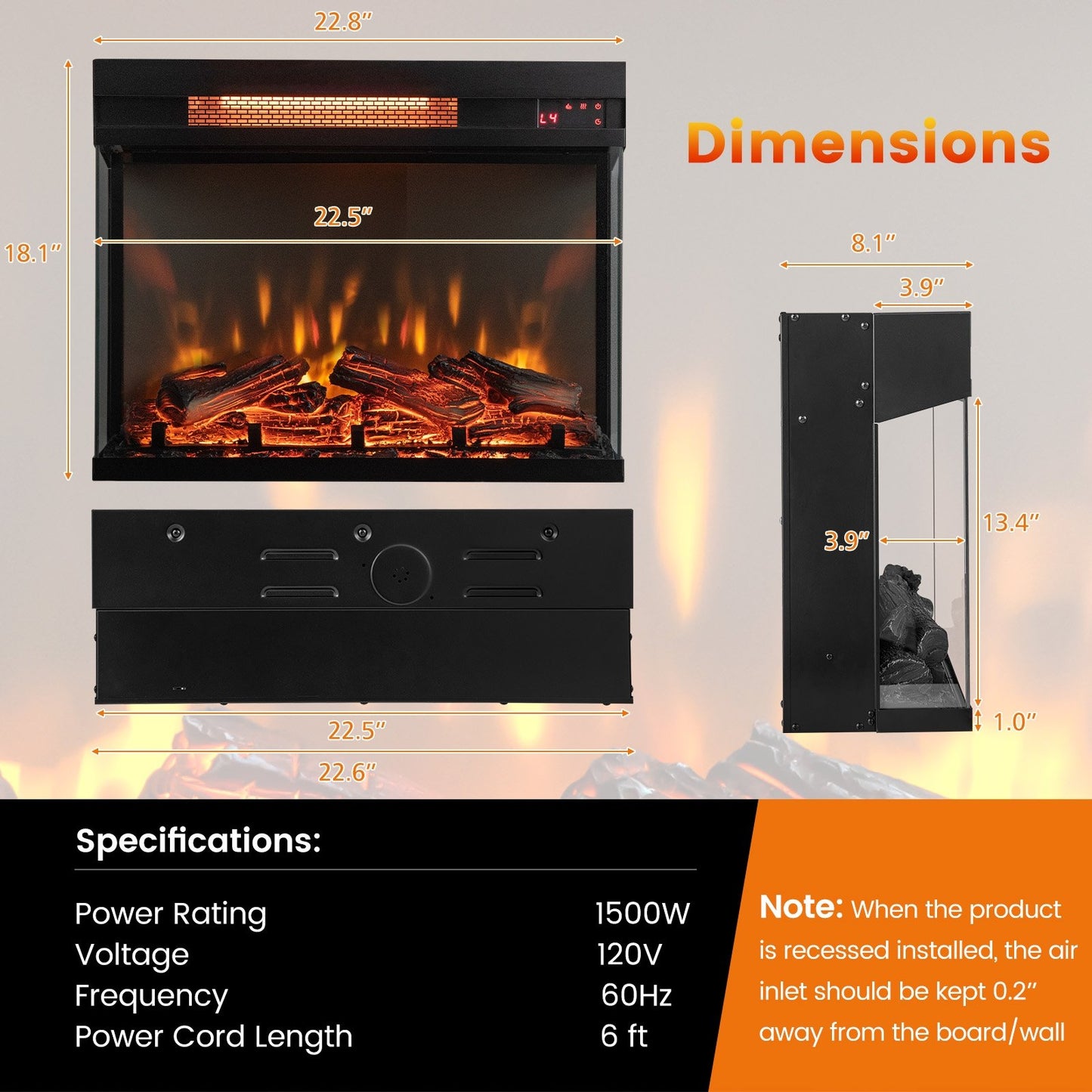 23 Inch - 3 Sided Electric Fireplace Insert with Remote Control & Realistic Flame Effect
