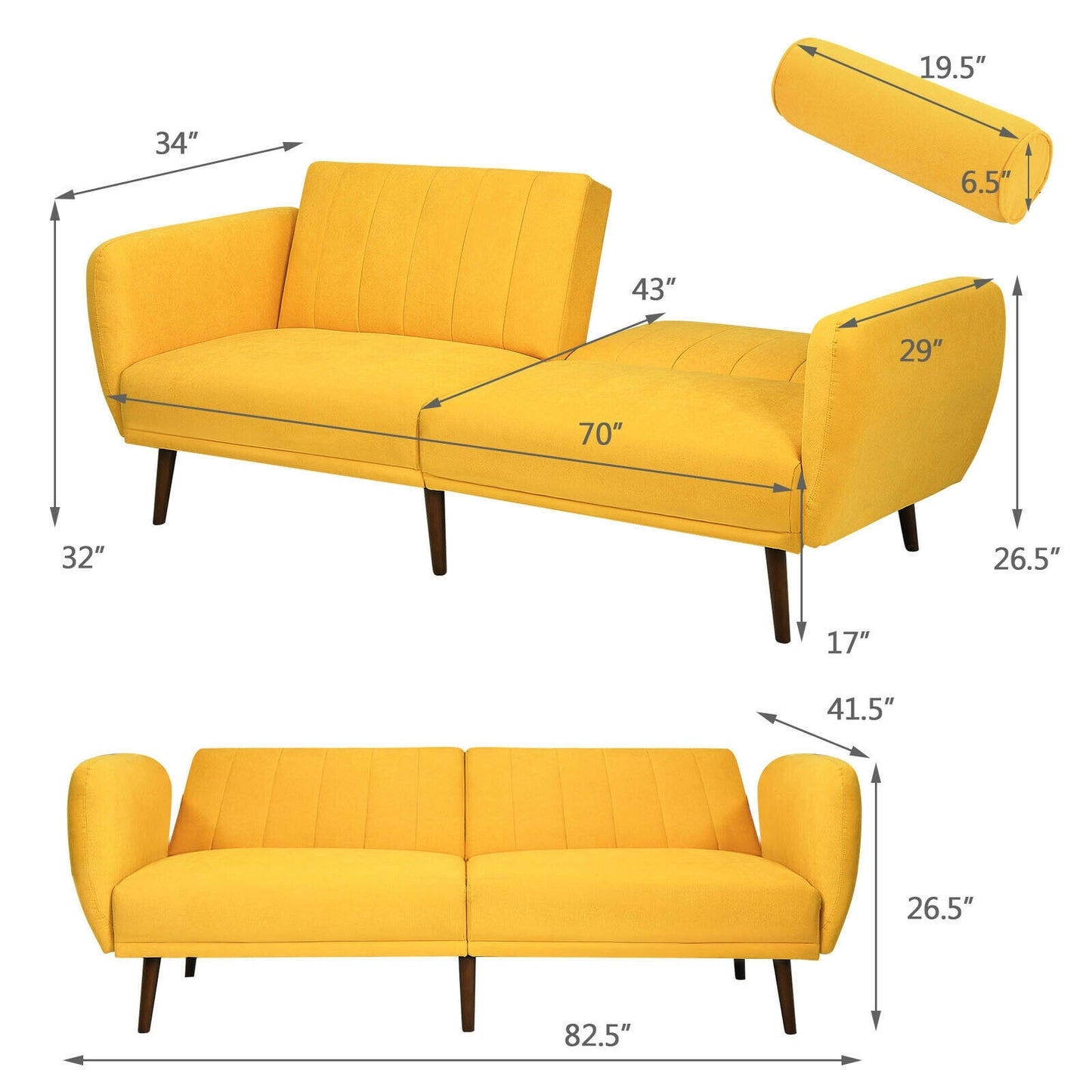 Convertible Futon Sofa Bed with Adjustable Backrest and Solid Wood Legs in Yellow