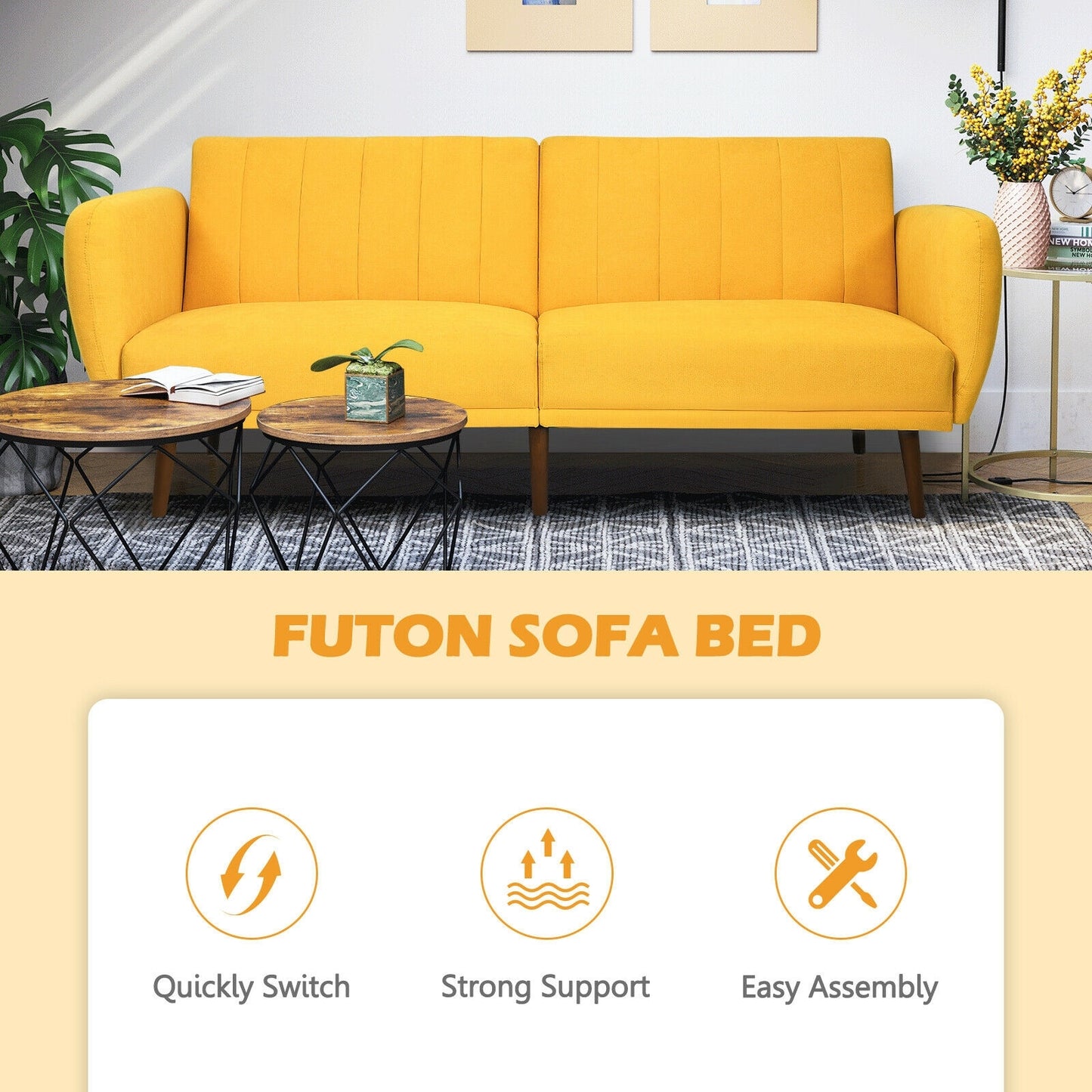 Convertible Futon Sofa Bed with Adjustable Backrest and Solid Wood Legs in Yellow