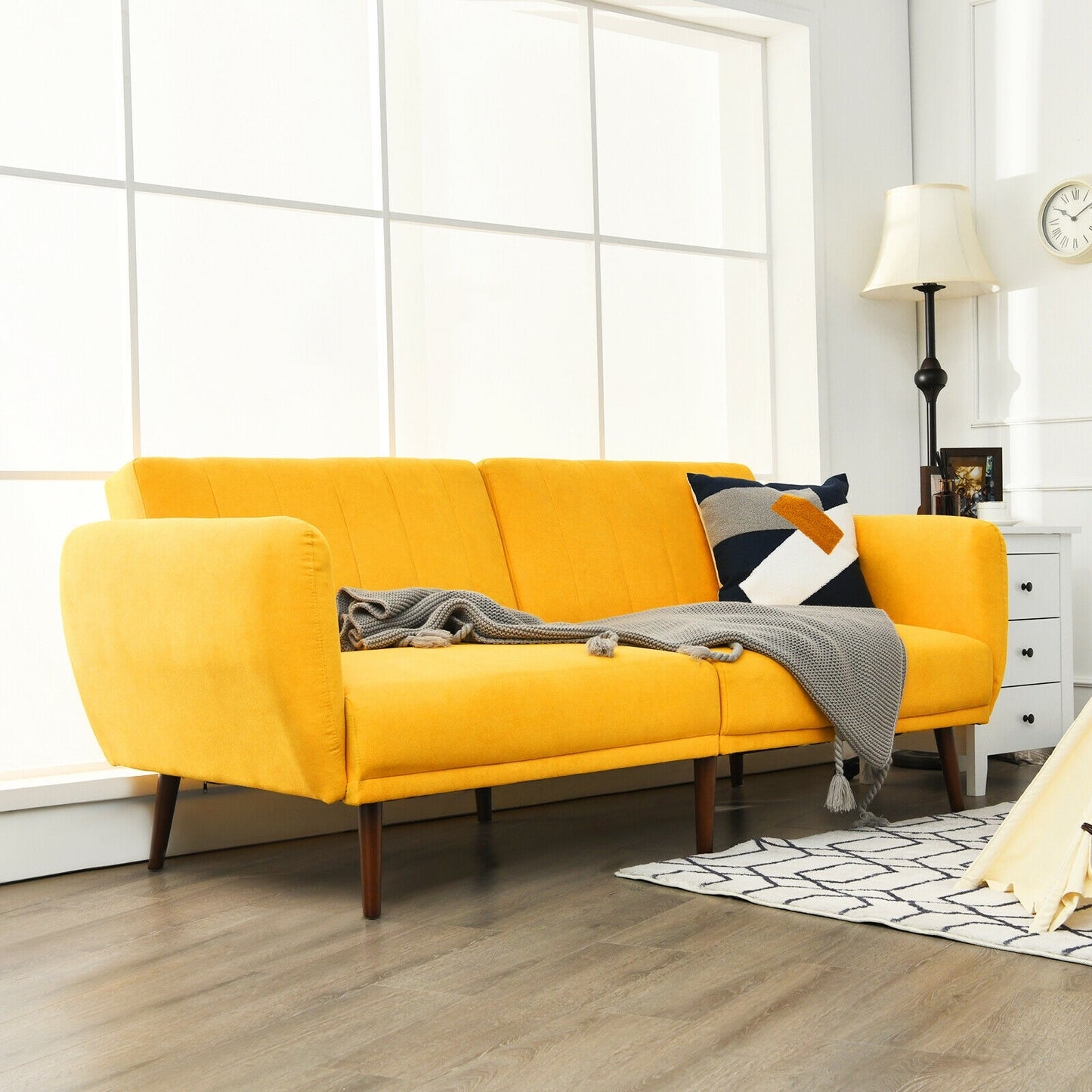 Convertible Futon Sofa Bed with Adjustable Backrest and Solid Wood Legs in Yellow