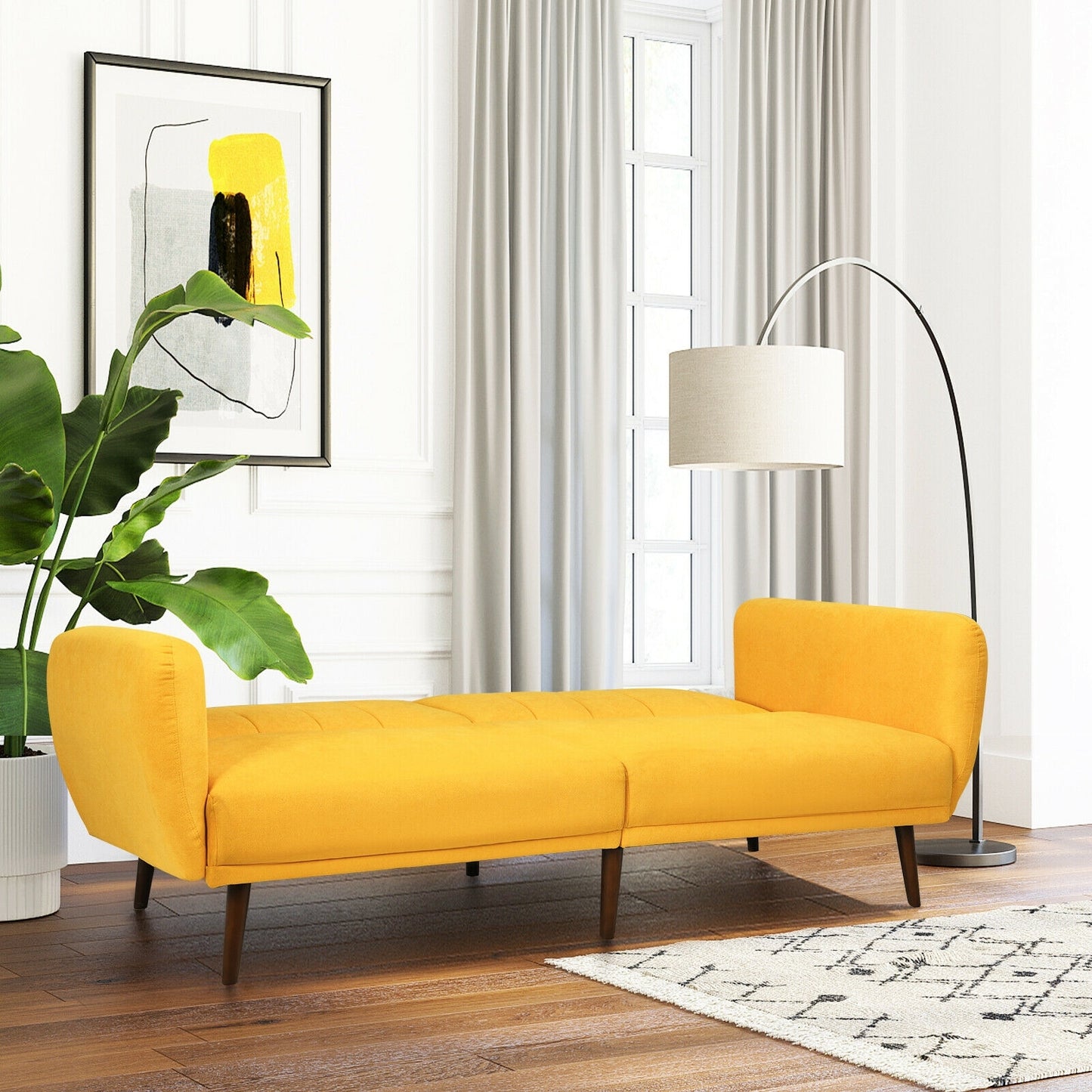 Convertible Futon Sofa Bed with Adjustable Backrest and Solid Wood Legs in Yellow
