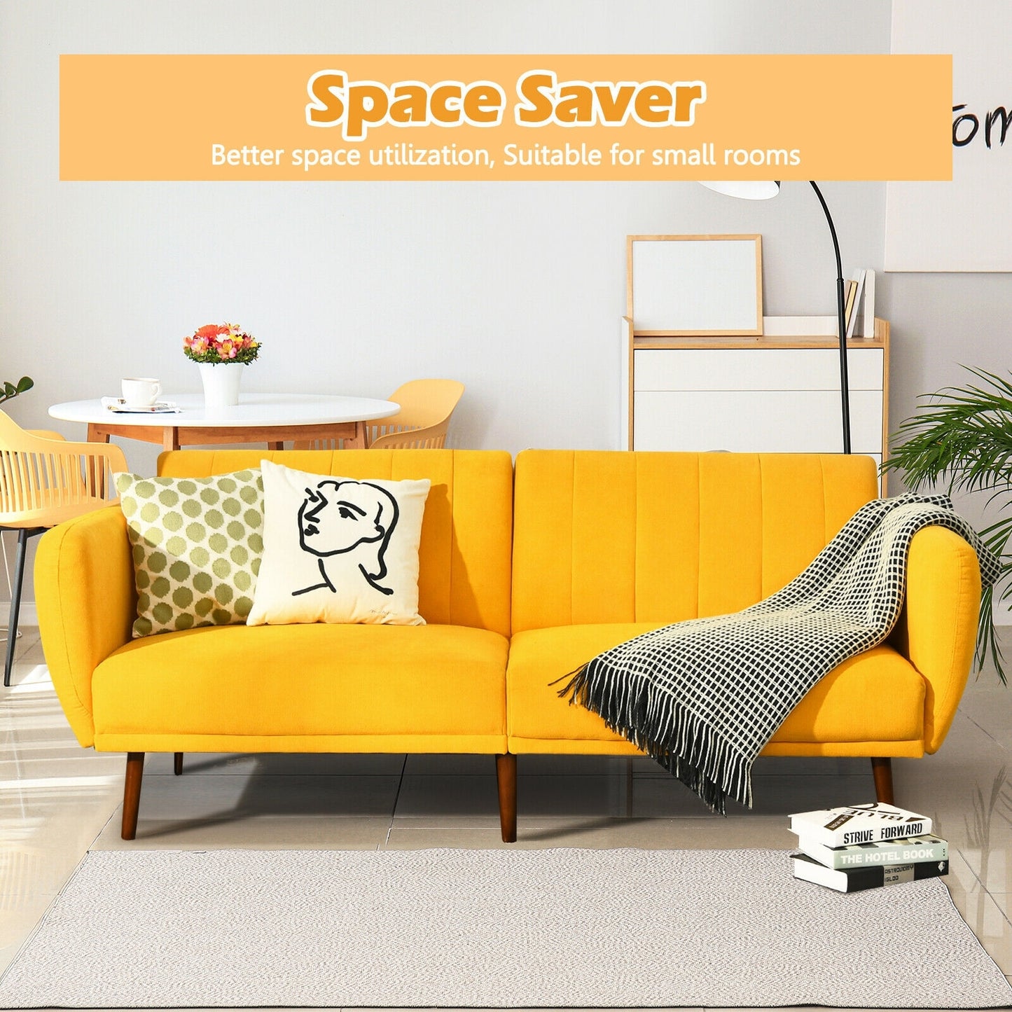 Convertible Futon Sofa Bed with Adjustable Backrest and Solid Wood Legs in Yellow