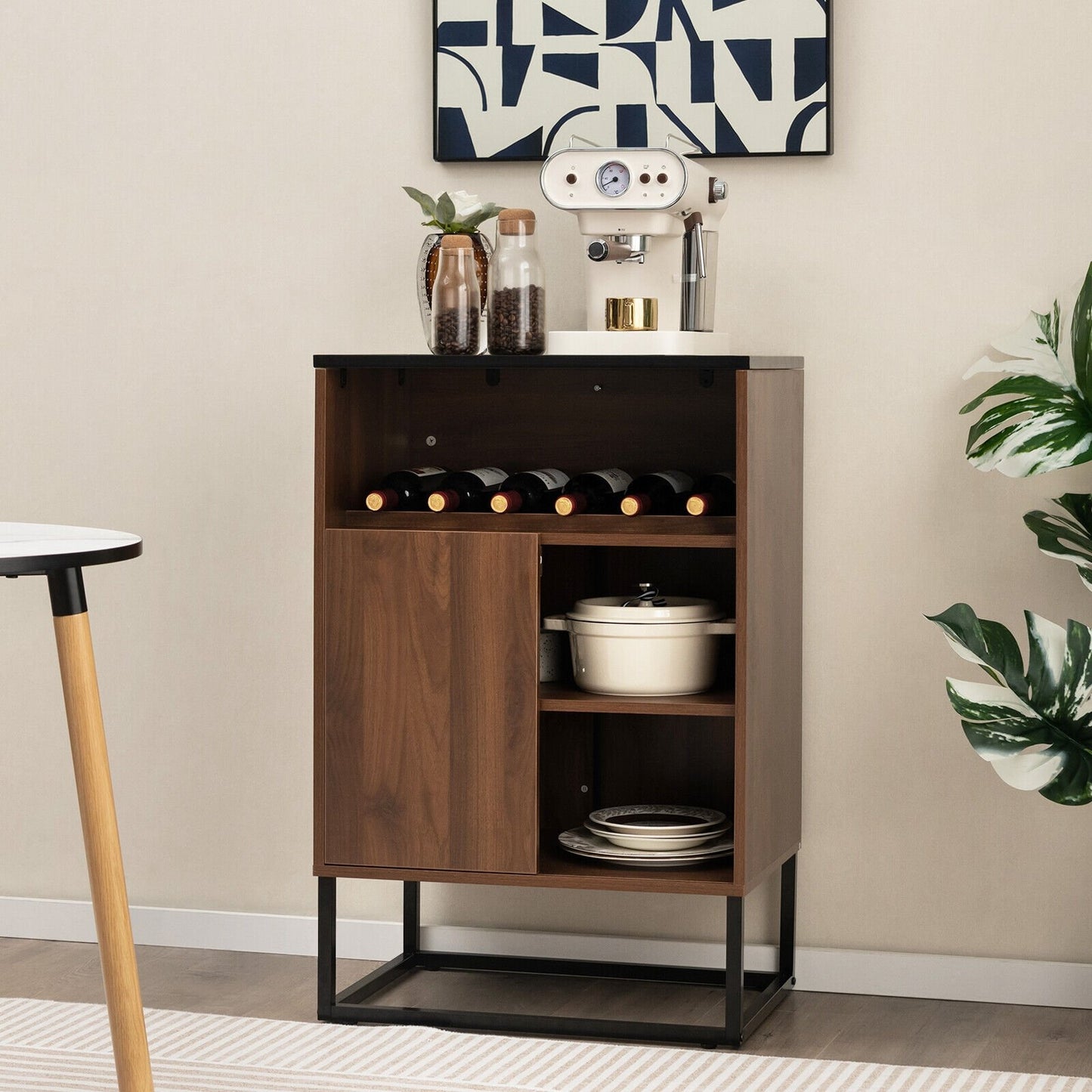 Modern Wine Cabinet with Glass Top Adjustable Shelf and Sliding Door for Dining Room or Kitchen
