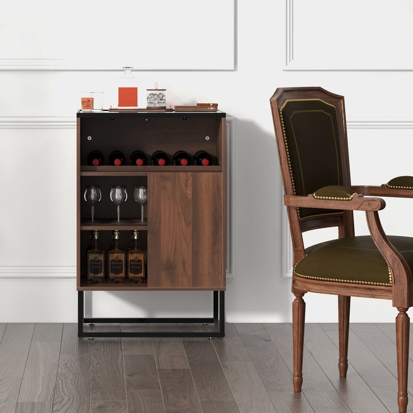 Modern Wine Cabinet with Glass Top Adjustable Shelf and Sliding Door for Dining Room or Kitchen