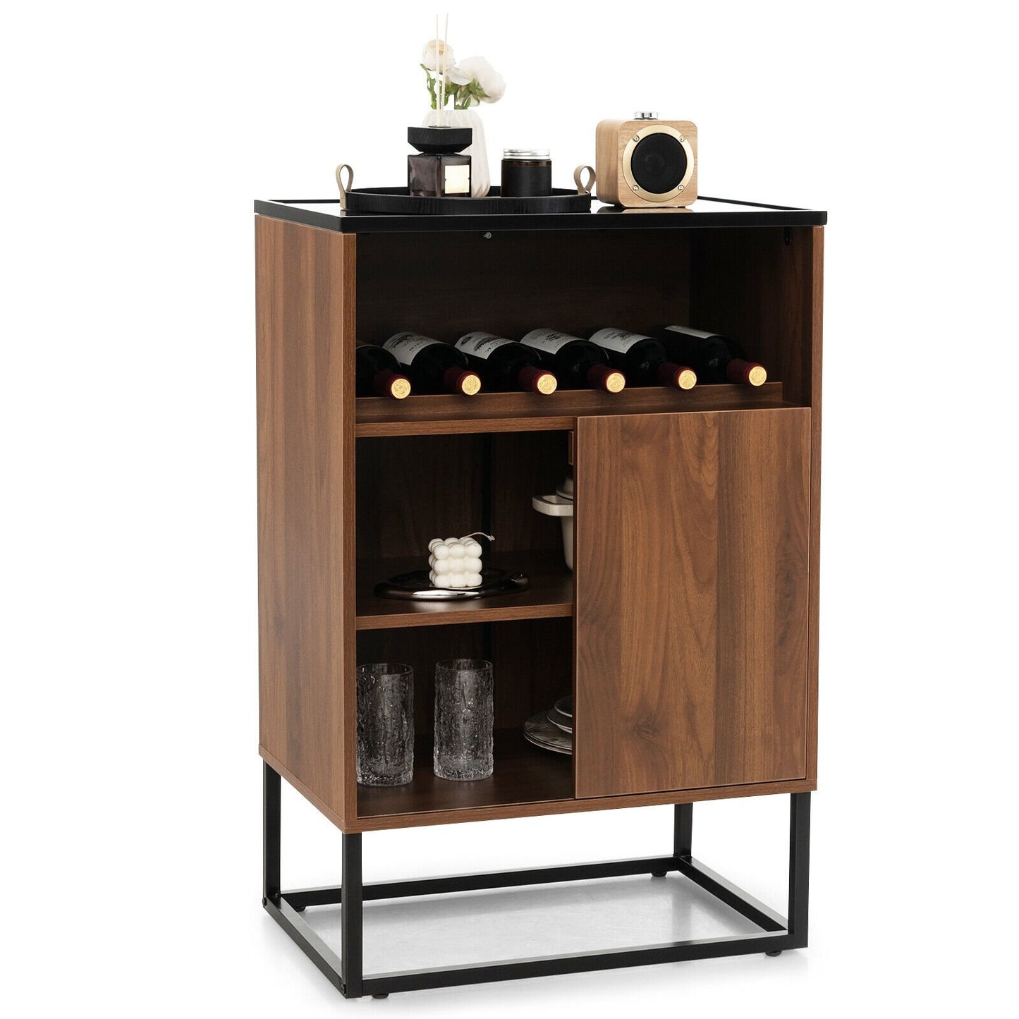 Modern Wine Cabinet with Glass Top Adjustable Shelf and Sliding Door for Dining Room or Kitchen
