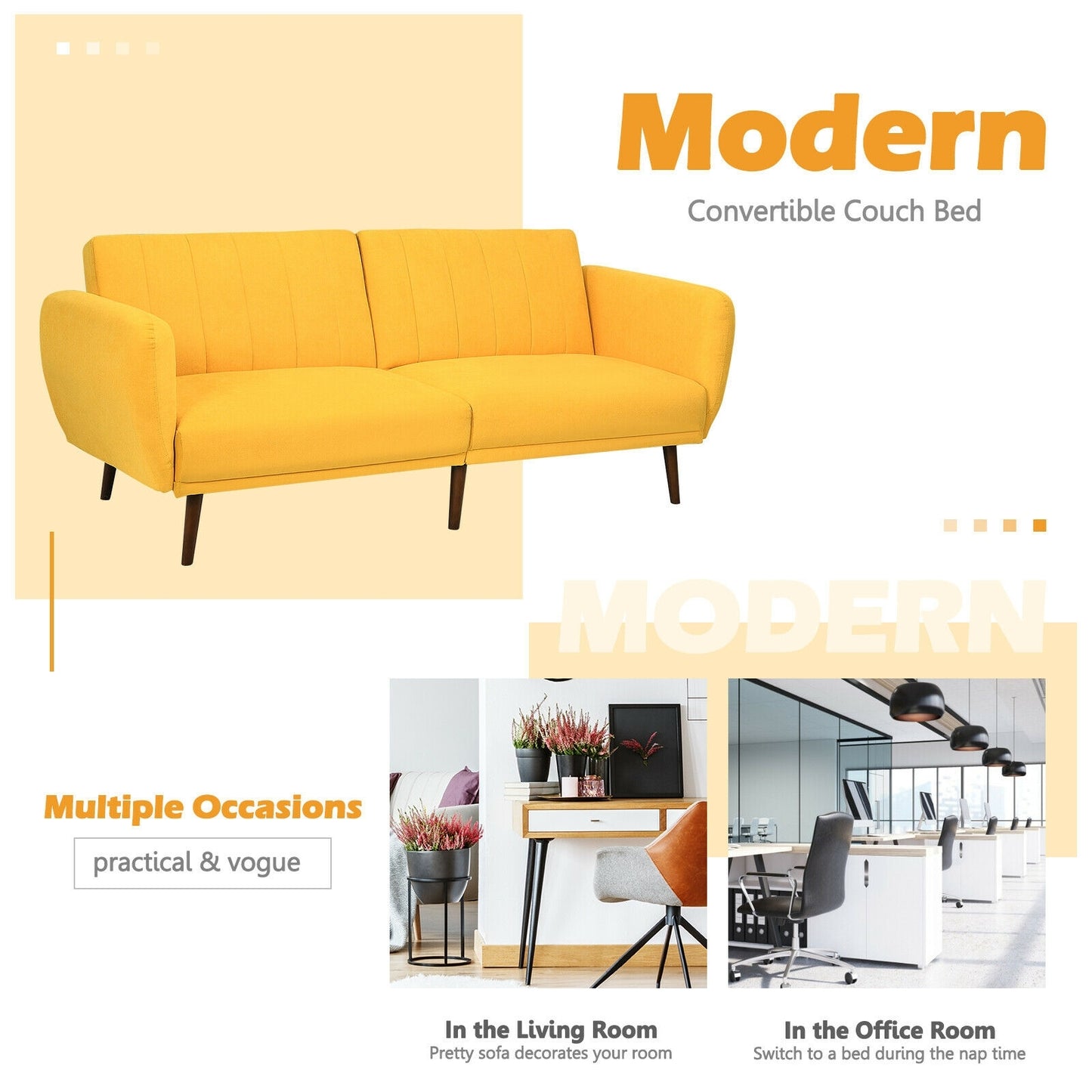 Convertible Futon Sofa Bed with Adjustable Backrest and Solid Wood Legs in Yellow