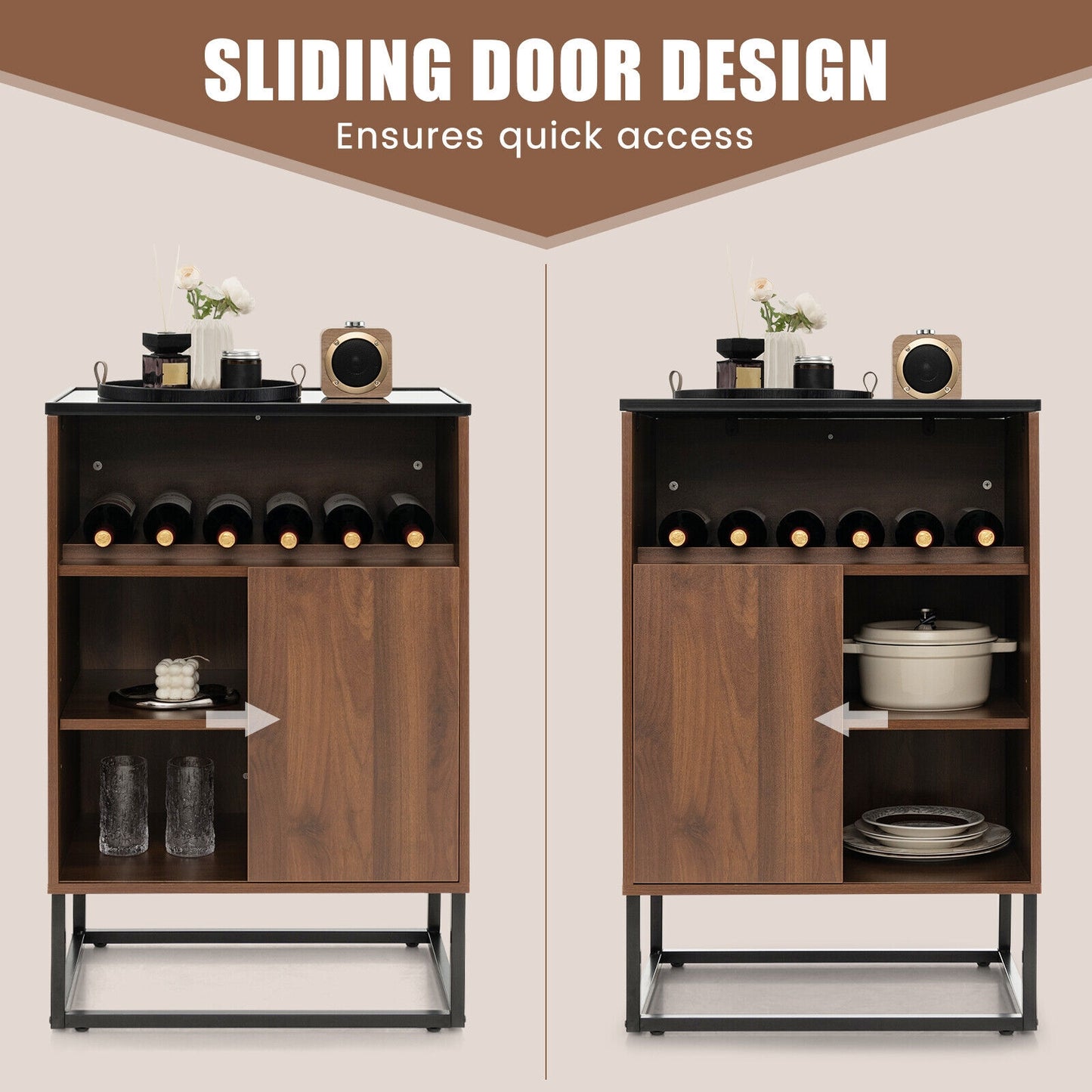 Modern Wine Cabinet with Glass Top Adjustable Shelf and Sliding Door for Dining Room or Kitchen