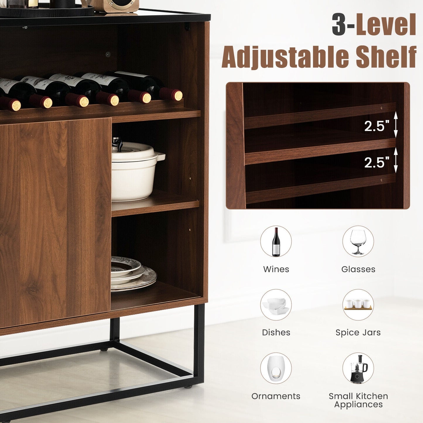 Modern Wine Cabinet with Glass Top Adjustable Shelf and Sliding Door for Dining Room or Kitchen