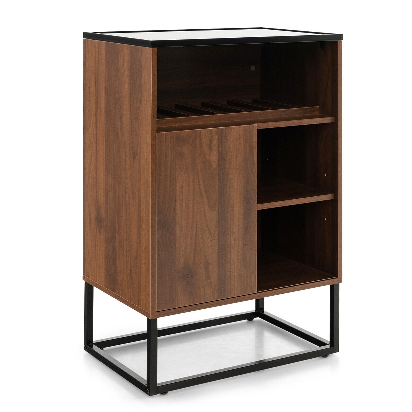 Modern Wine Cabinet with Glass Top Adjustable Shelf and Sliding Door for Dining Room or Kitchen