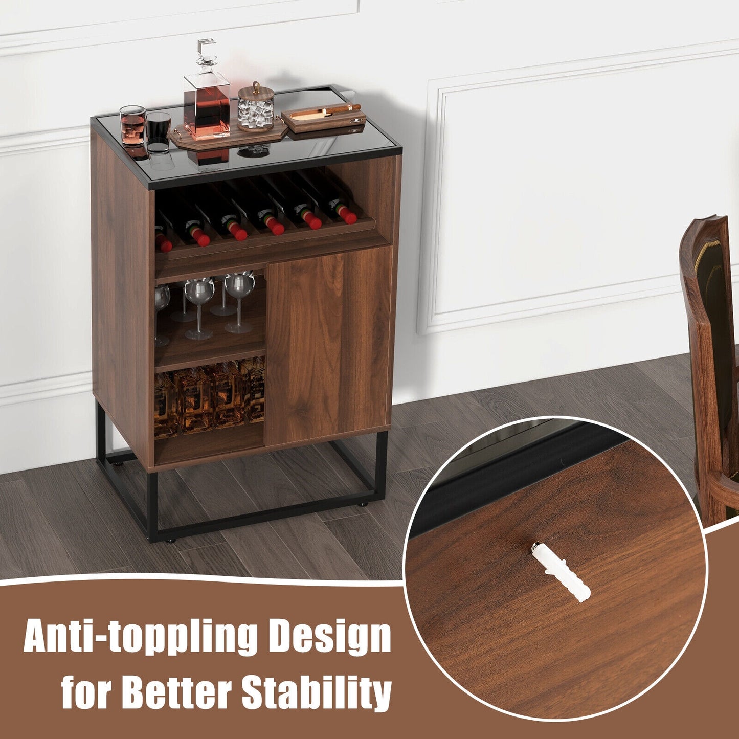 Modern Wine Cabinet with Glass Top Adjustable Shelf and Sliding Door for Dining Room or Kitchen
