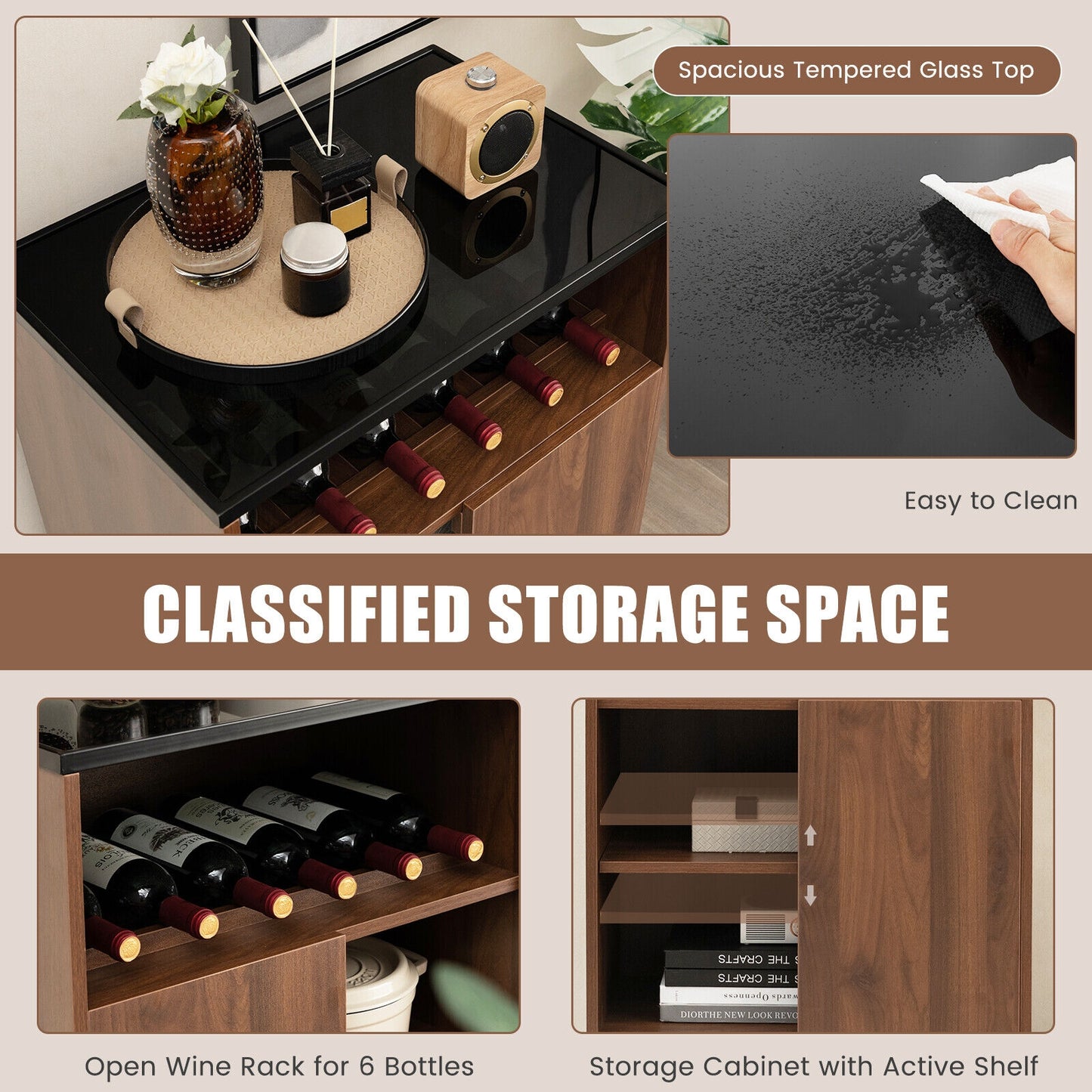 Modern Wine Cabinet with Glass Top Adjustable Shelf and Sliding Door for Dining Room or Kitchen